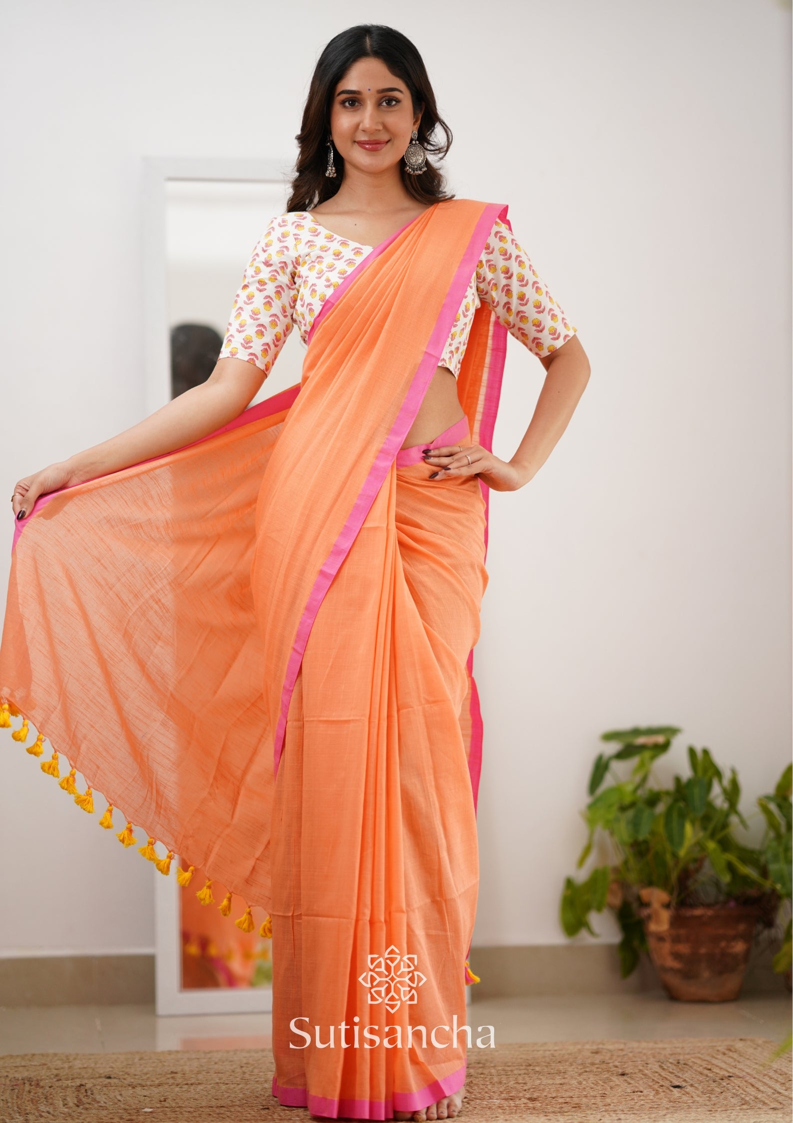 Sutisancha Peachpink Handloom Cotton Saree With Designer Blouse