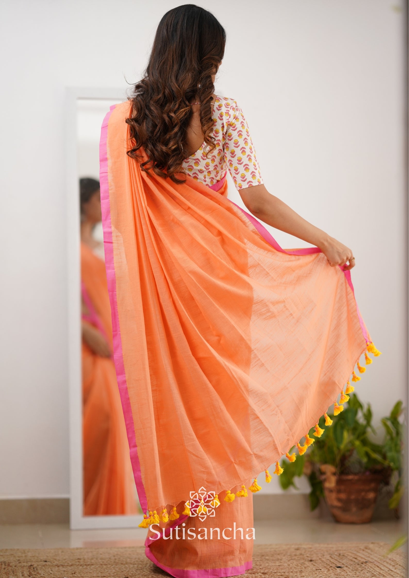 Sutisancha Peachpink Handloom Cotton Saree With Designer Blouse