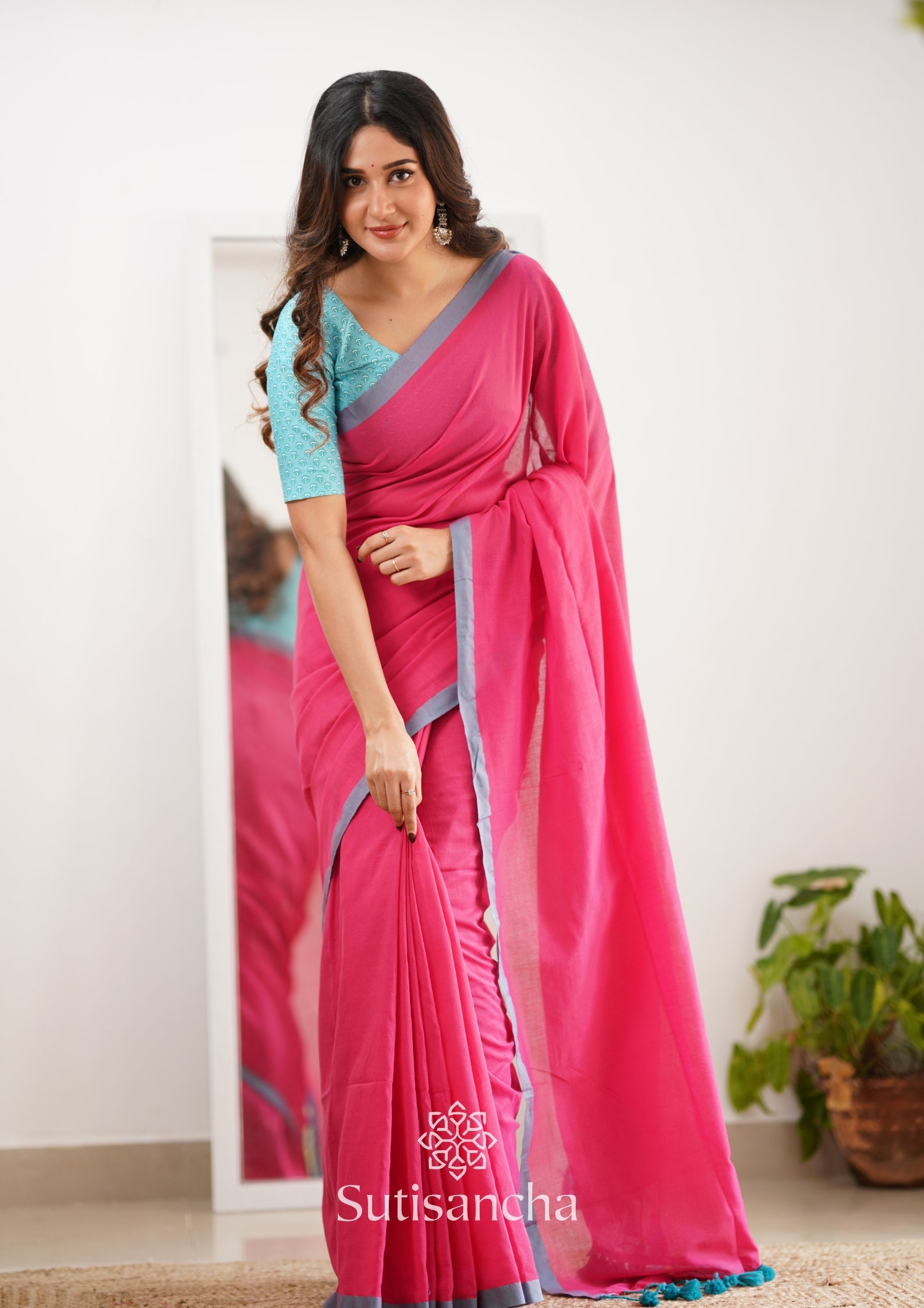 Sutisancha Pink Handloom Cotton Saree With Designer Blouse