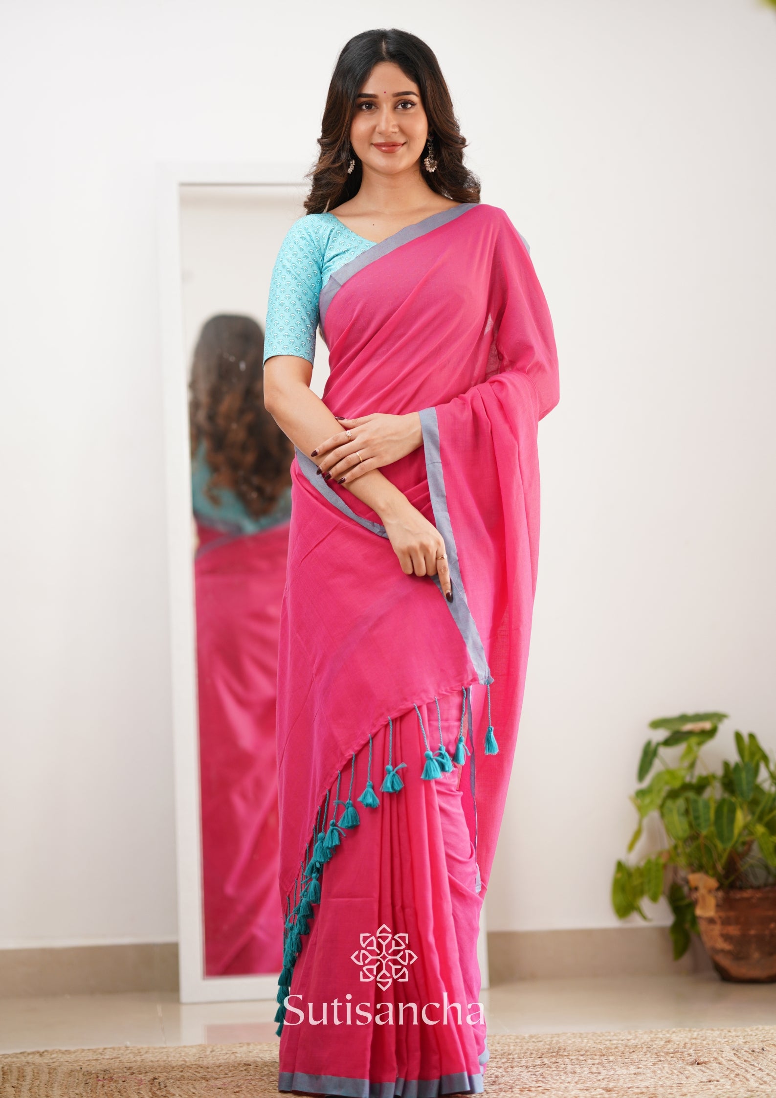 Sutisancha Pink Handloom Cotton Saree With Designer Blouse