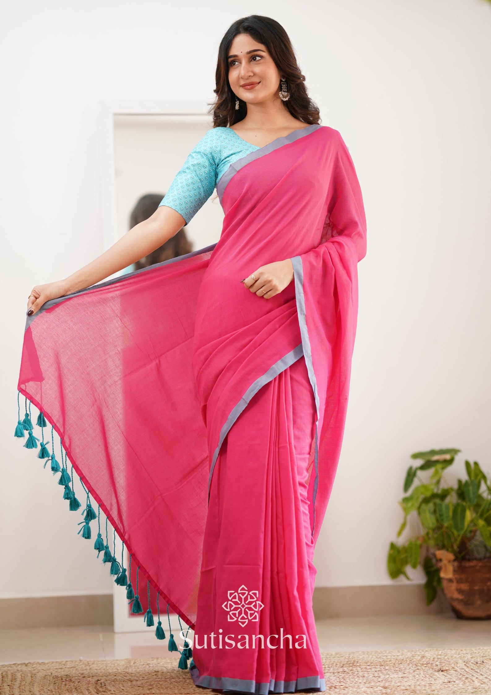 Sutisancha Pink Handloom Cotton Saree With Designer Blouse