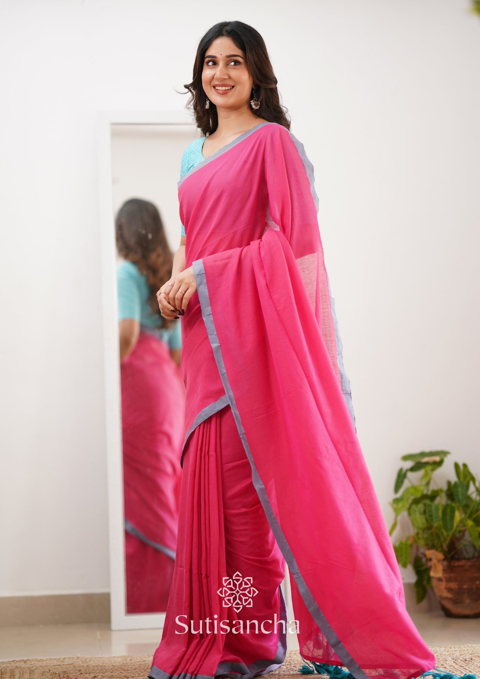 Sutisancha Pink Handloom Cotton Saree With Designer Blouse