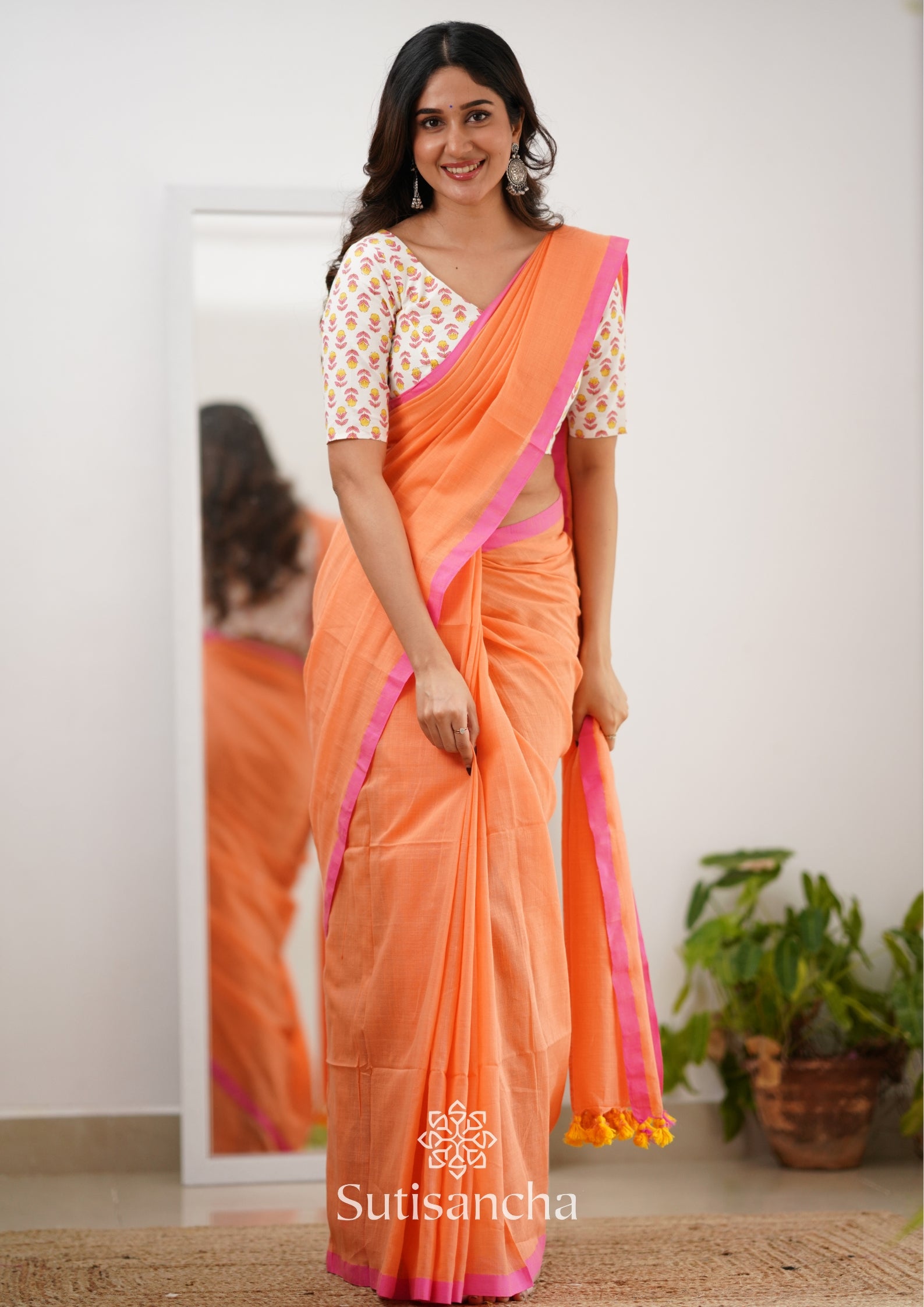 Sutisancha Peachpink Handloom Cotton Saree With Designer Blouse