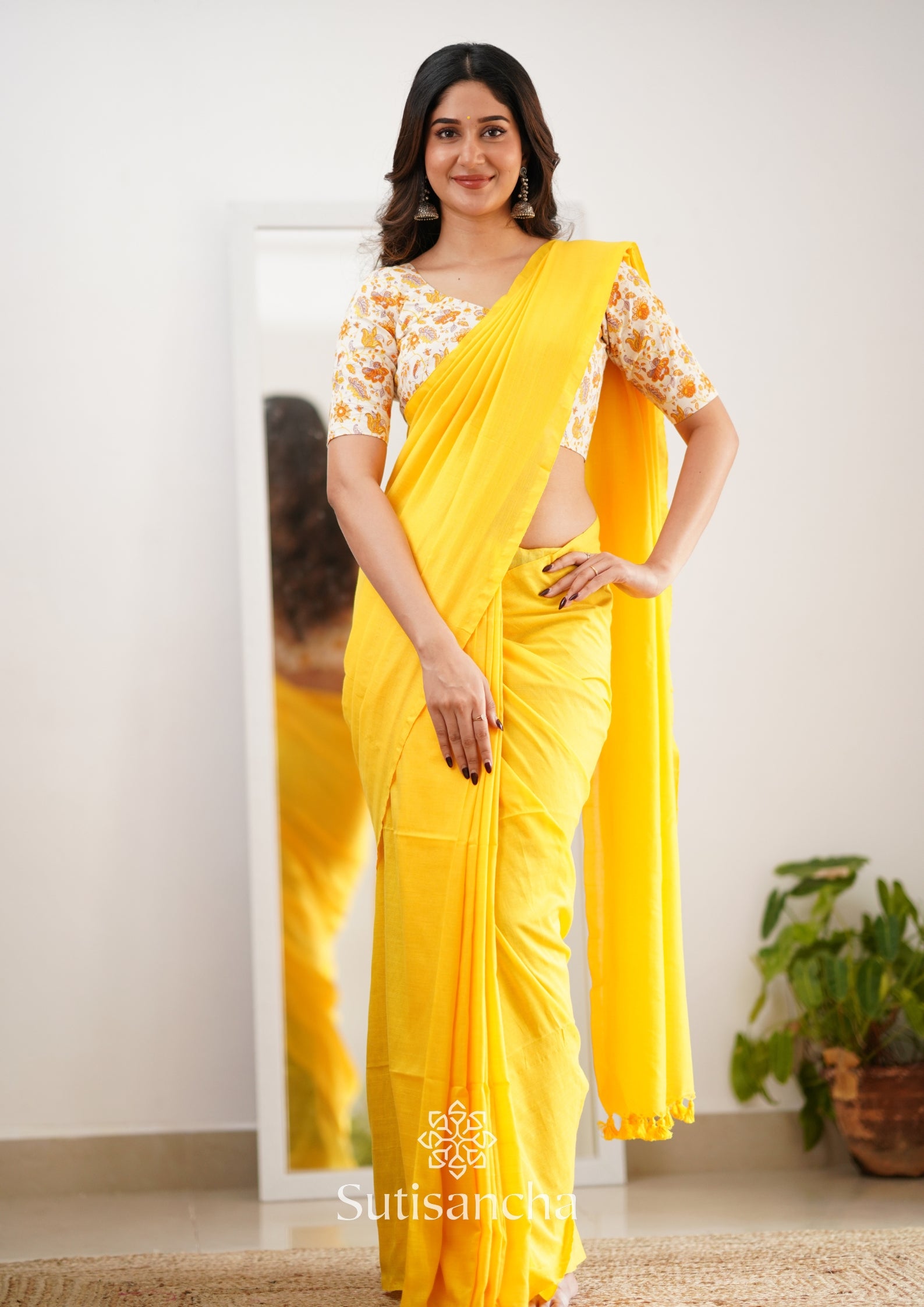 Sutisancha Yellow Handloom Cotton Saree With Designer Blouse