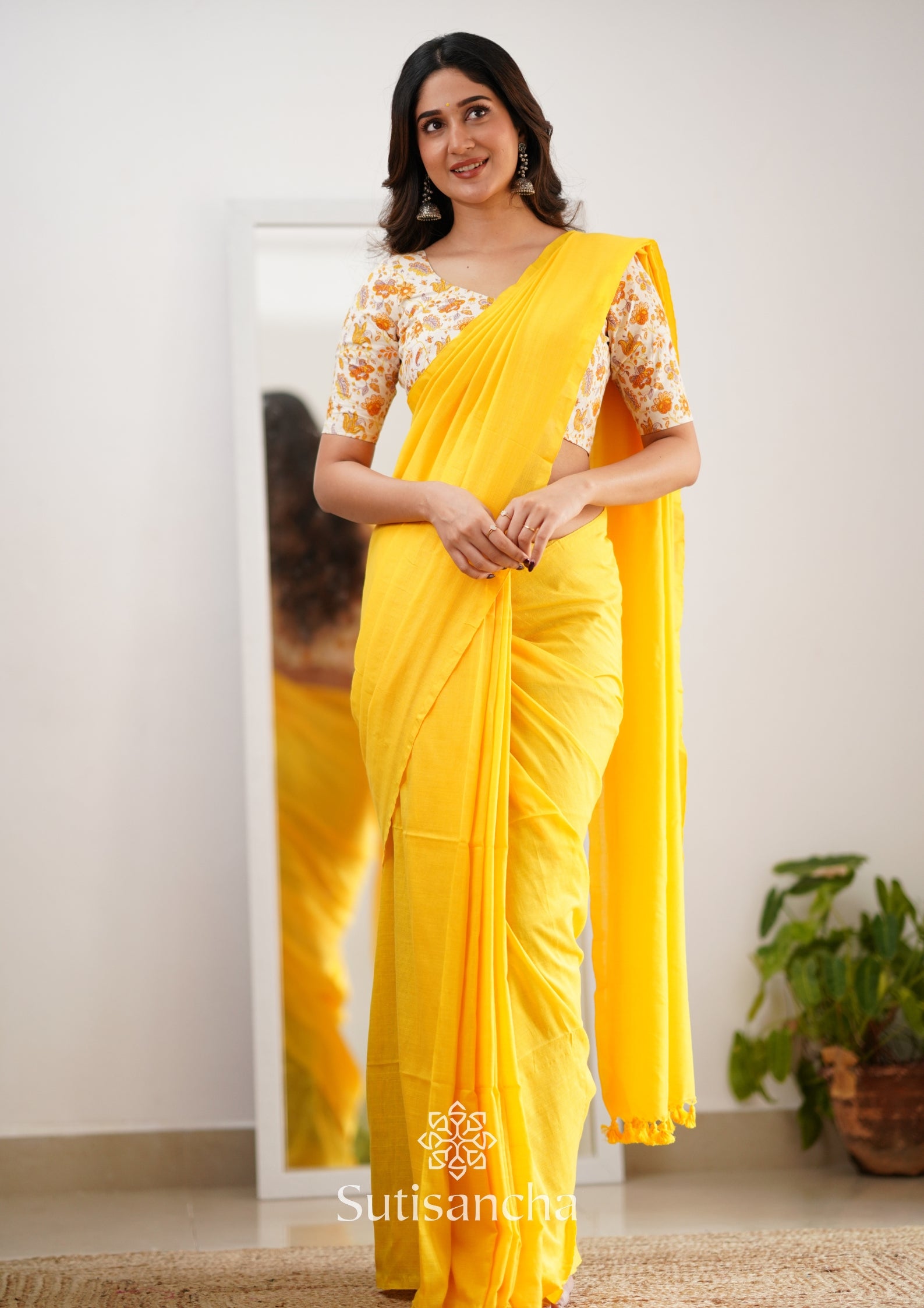 Sutisancha Yellow Handloom Cotton Saree With Designer Blouse