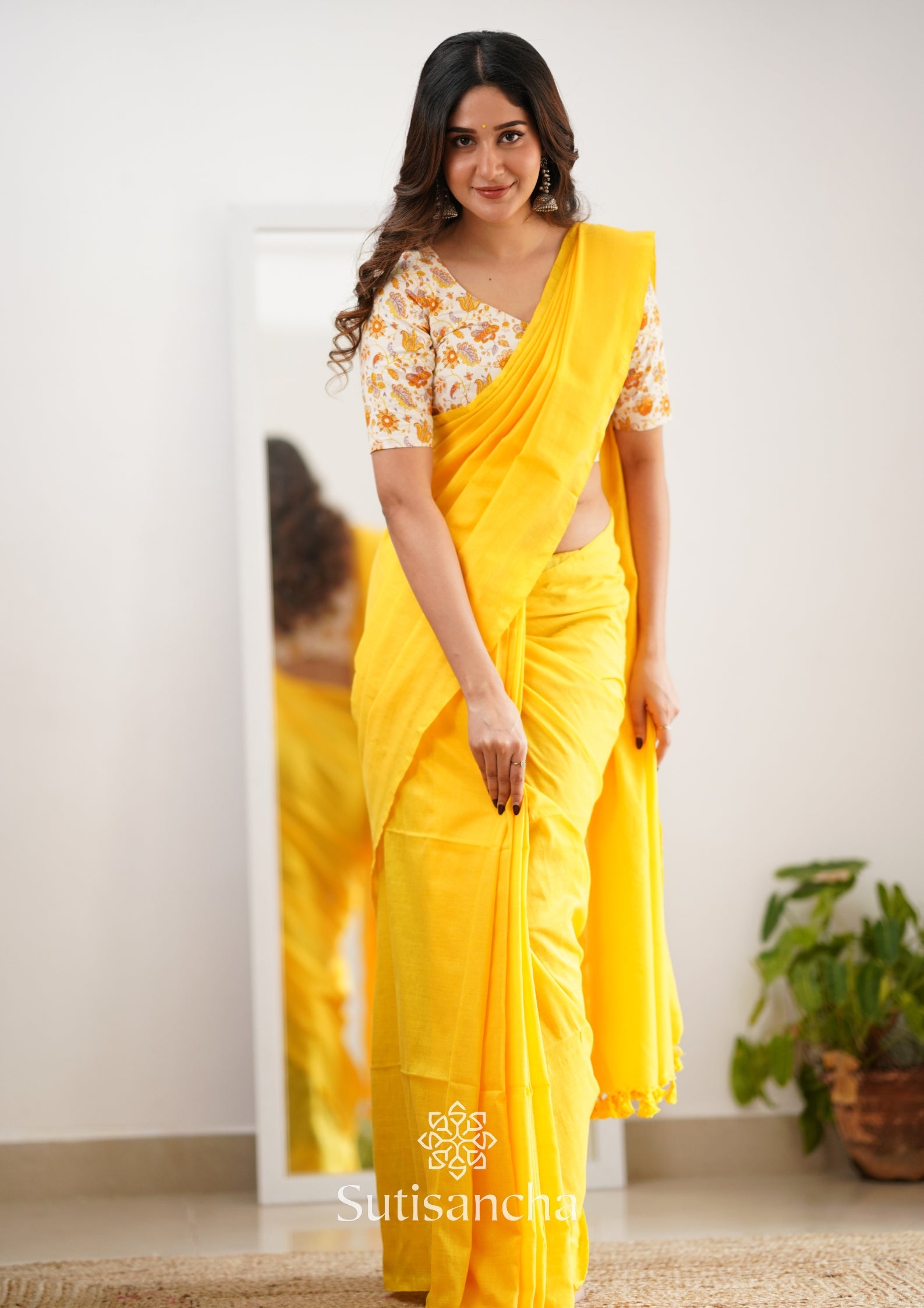 Sutisancha Yellow Handloom Cotton Saree With Designer Blouse