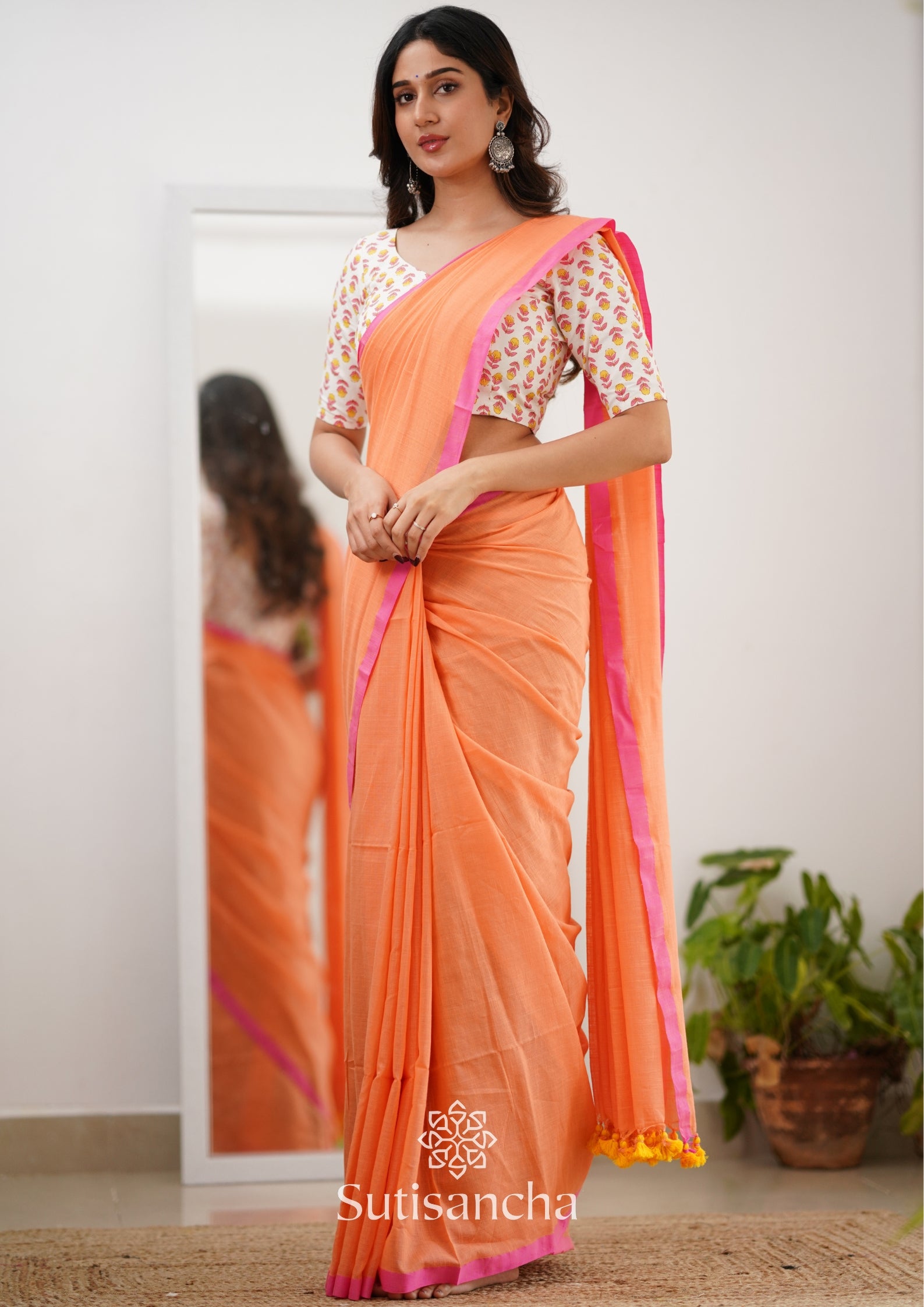 Sutisancha Peachpink Handloom Cotton Saree With Designer Blouse