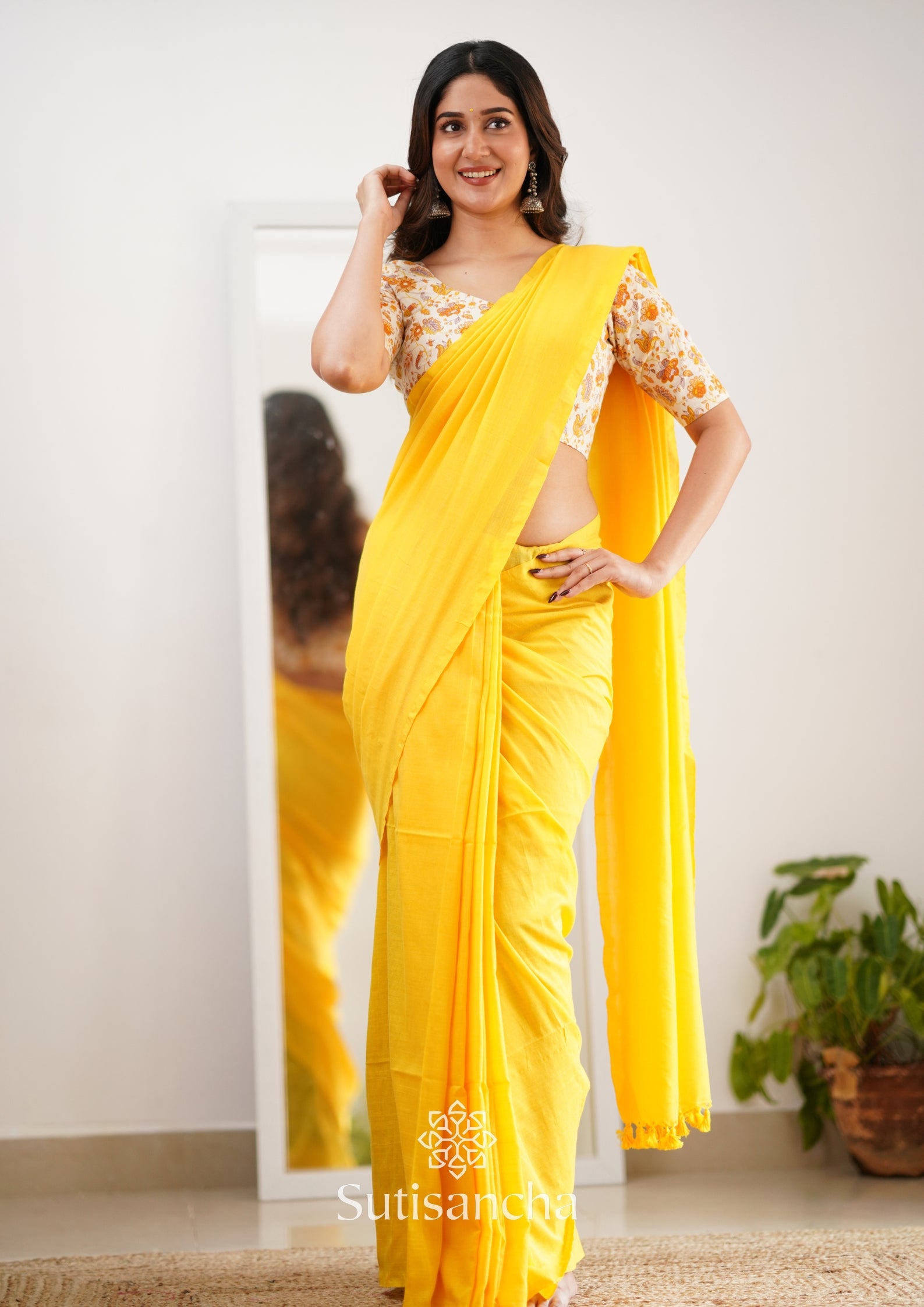 Sutisancha Yellow Handloom Cotton Saree With Designer Blouse