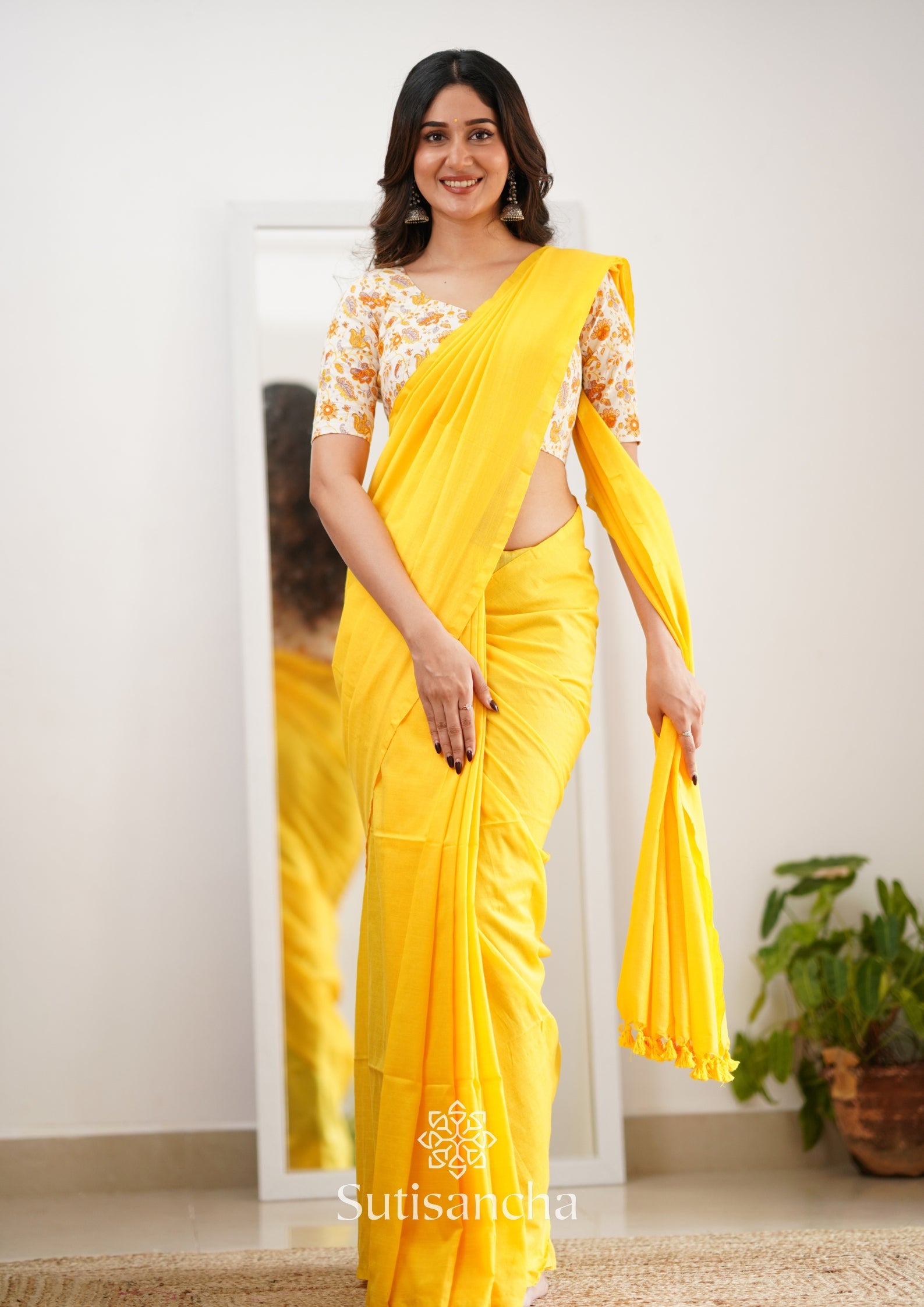 Sutisancha Yellow Handloom Cotton Saree With Designer Blouse