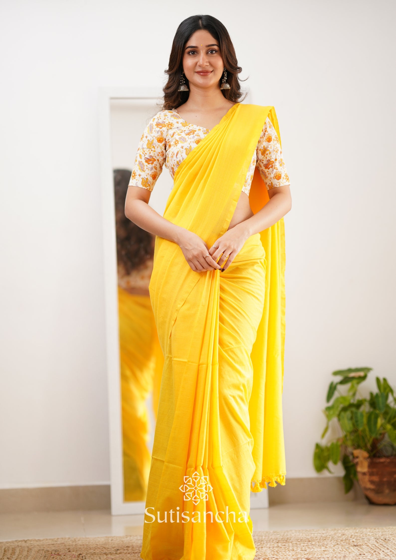 Sutisancha Yellow Handloom Cotton Saree With Designer Blouse