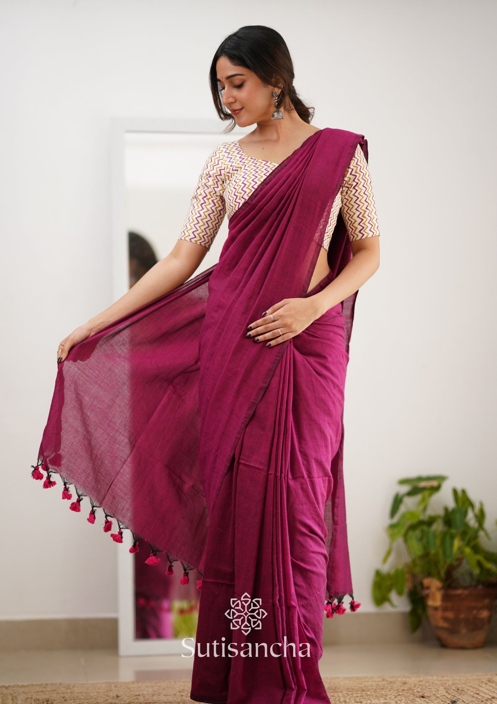 Sutisancha Queenpink Handloom Cotton Saree With Designer Blouse