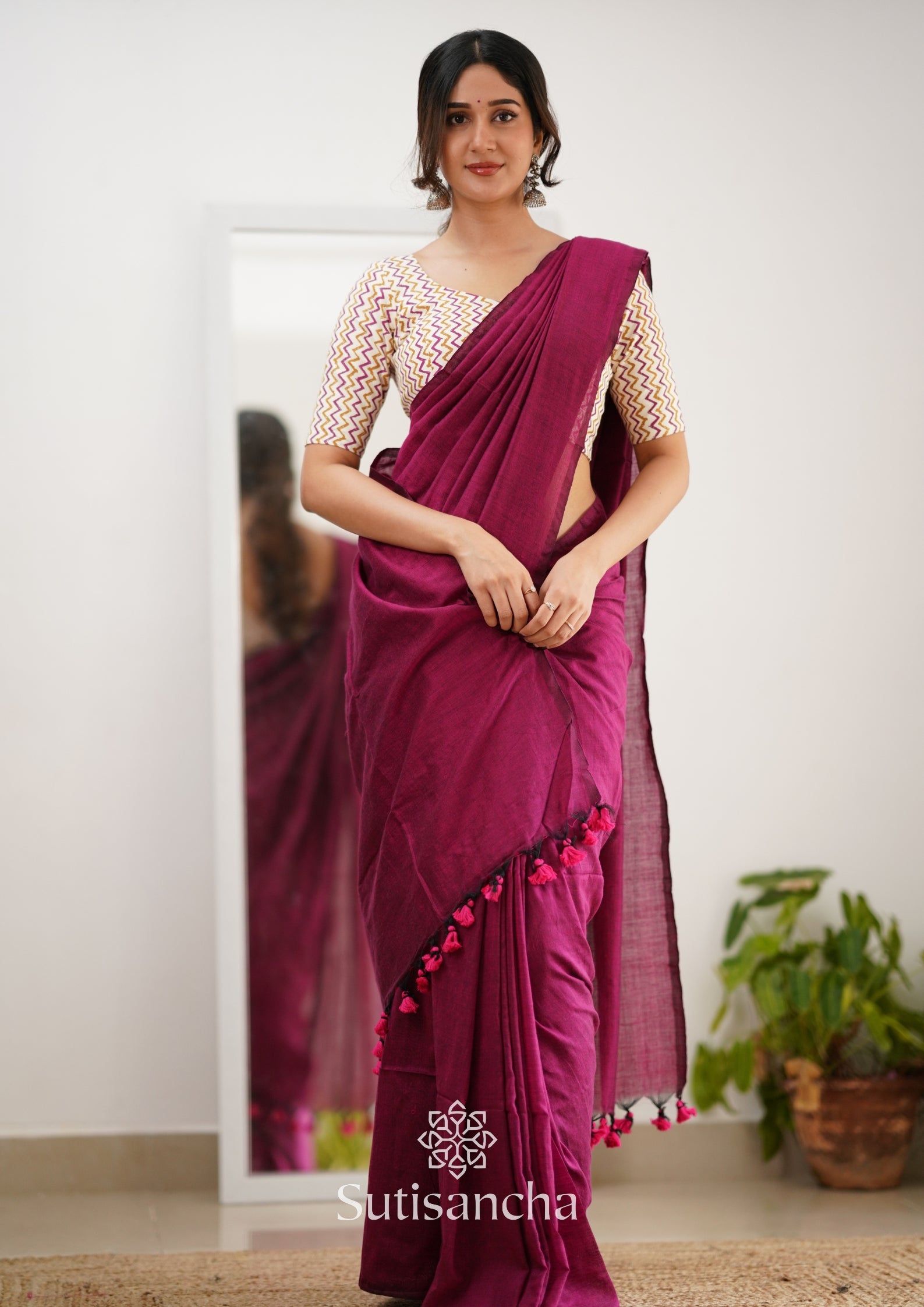 Sutisancha Queenpink Handloom Cotton Saree With Designer Blouse