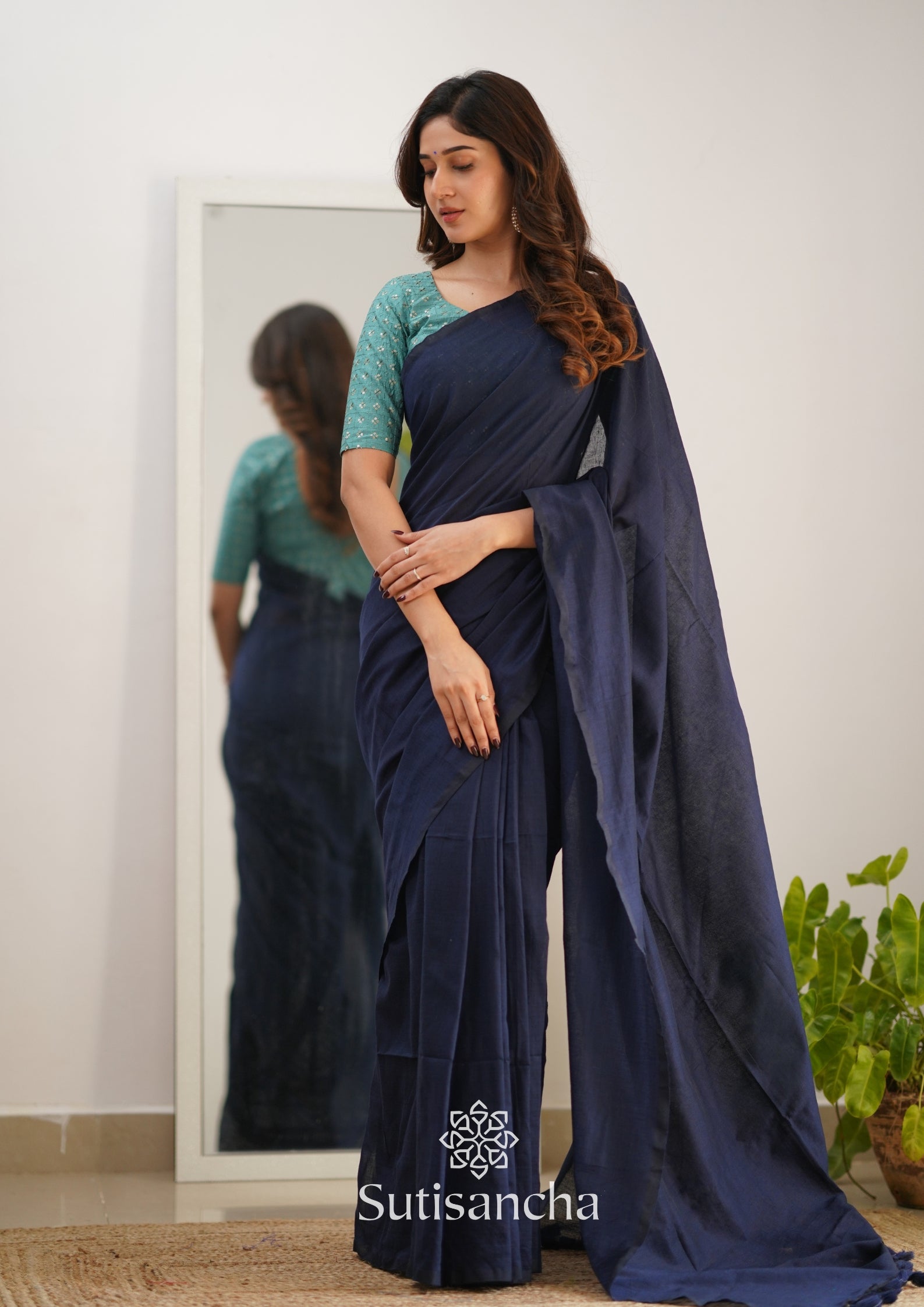 Plain cotton saree with designer sale blouse