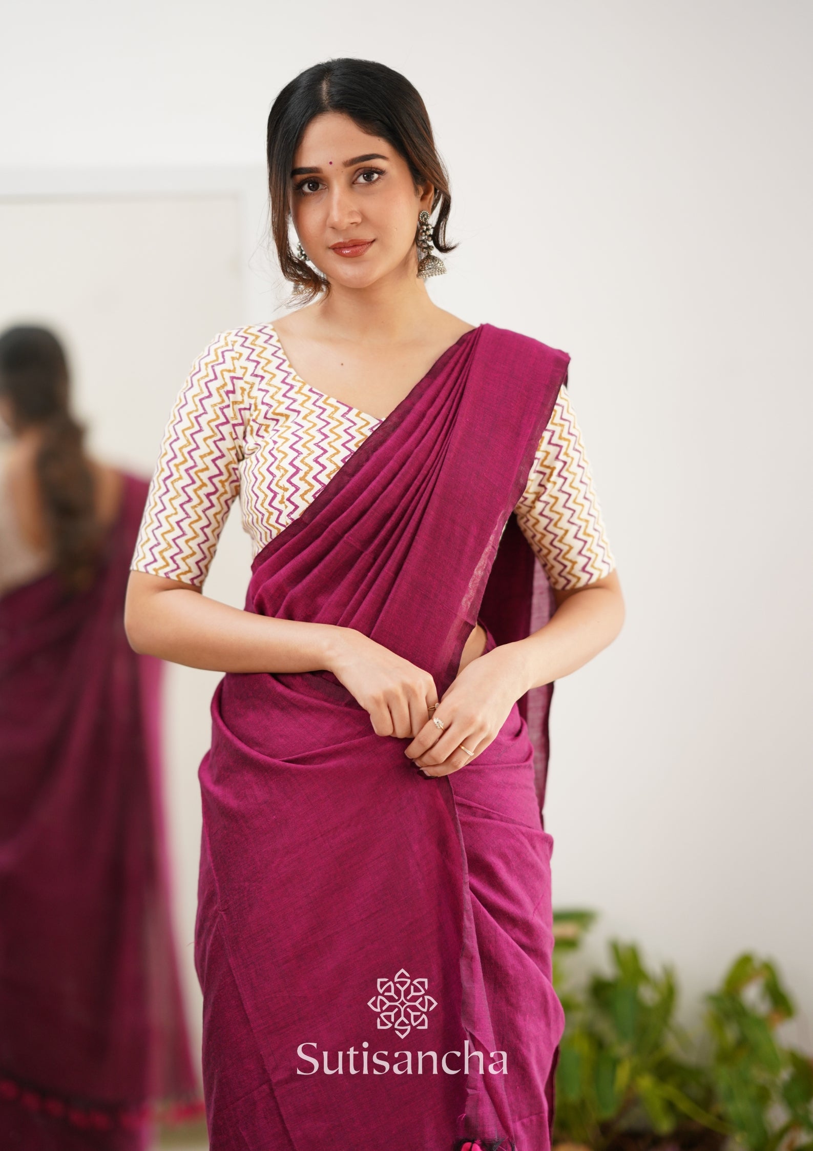 Sutisancha Queenpink Handloom Cotton Saree With Designer Blouse