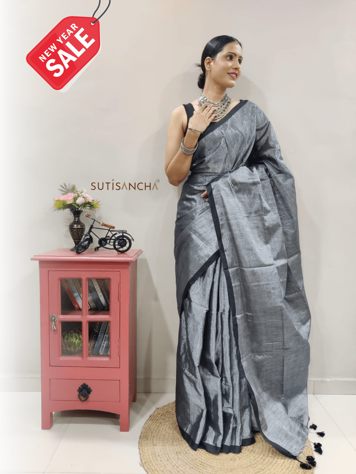 Grey Hand Woven Cotton Blend Tissue Saree - Suti Sancha