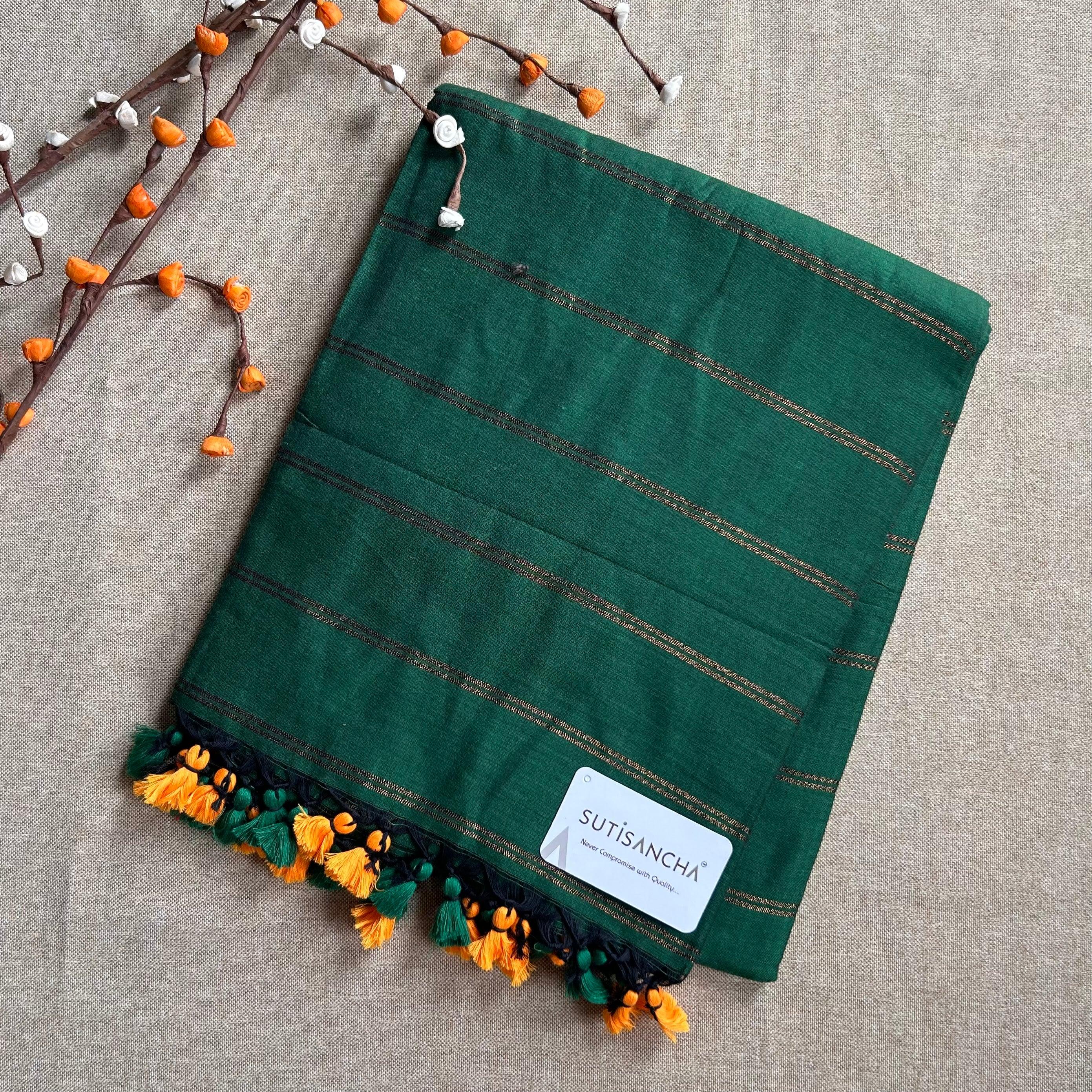 Sutisancha Green Dual Zari Stripe Saree - Suti Sancha
