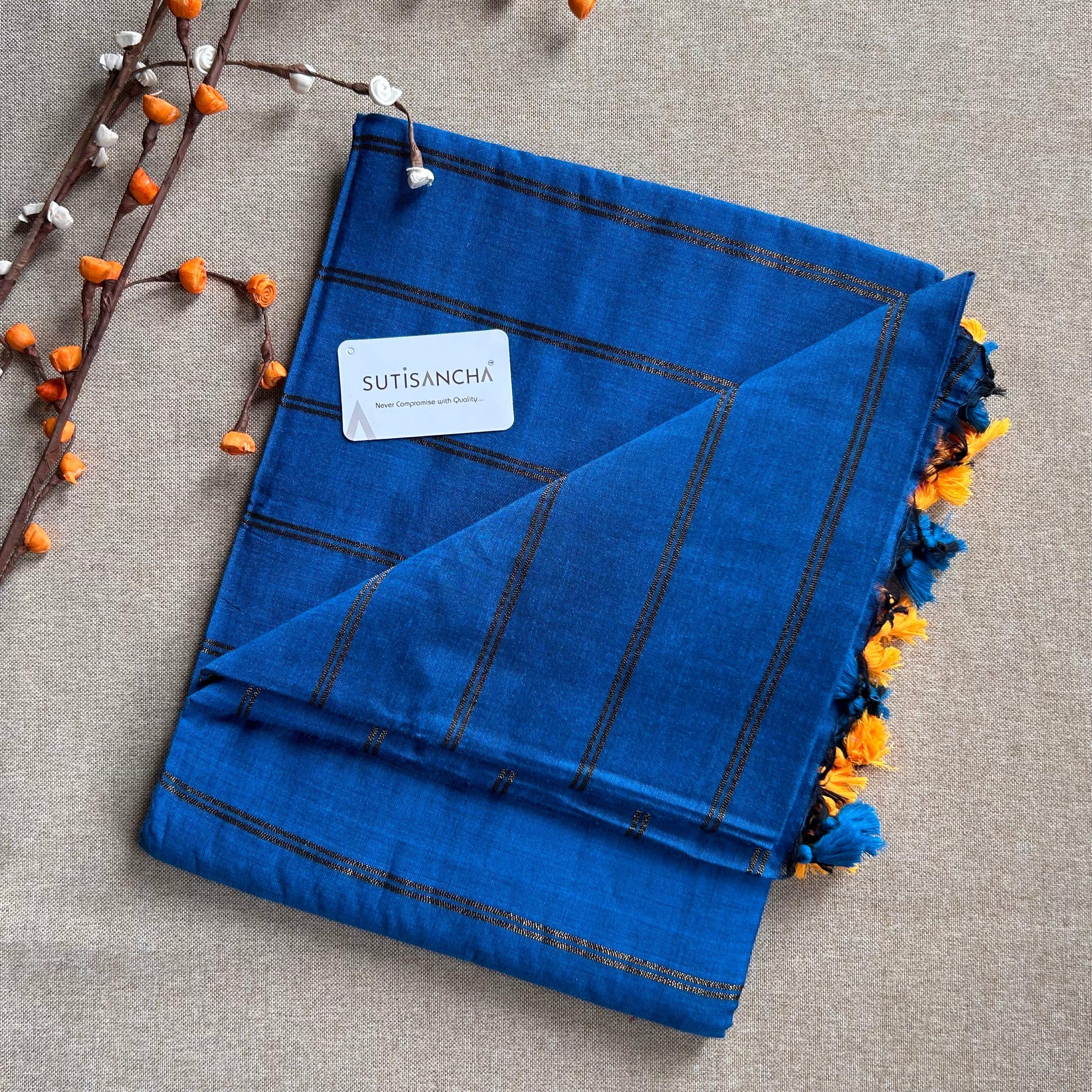 Sutisancha Indigo Dual Zari Stripe Saree - Suti Sancha