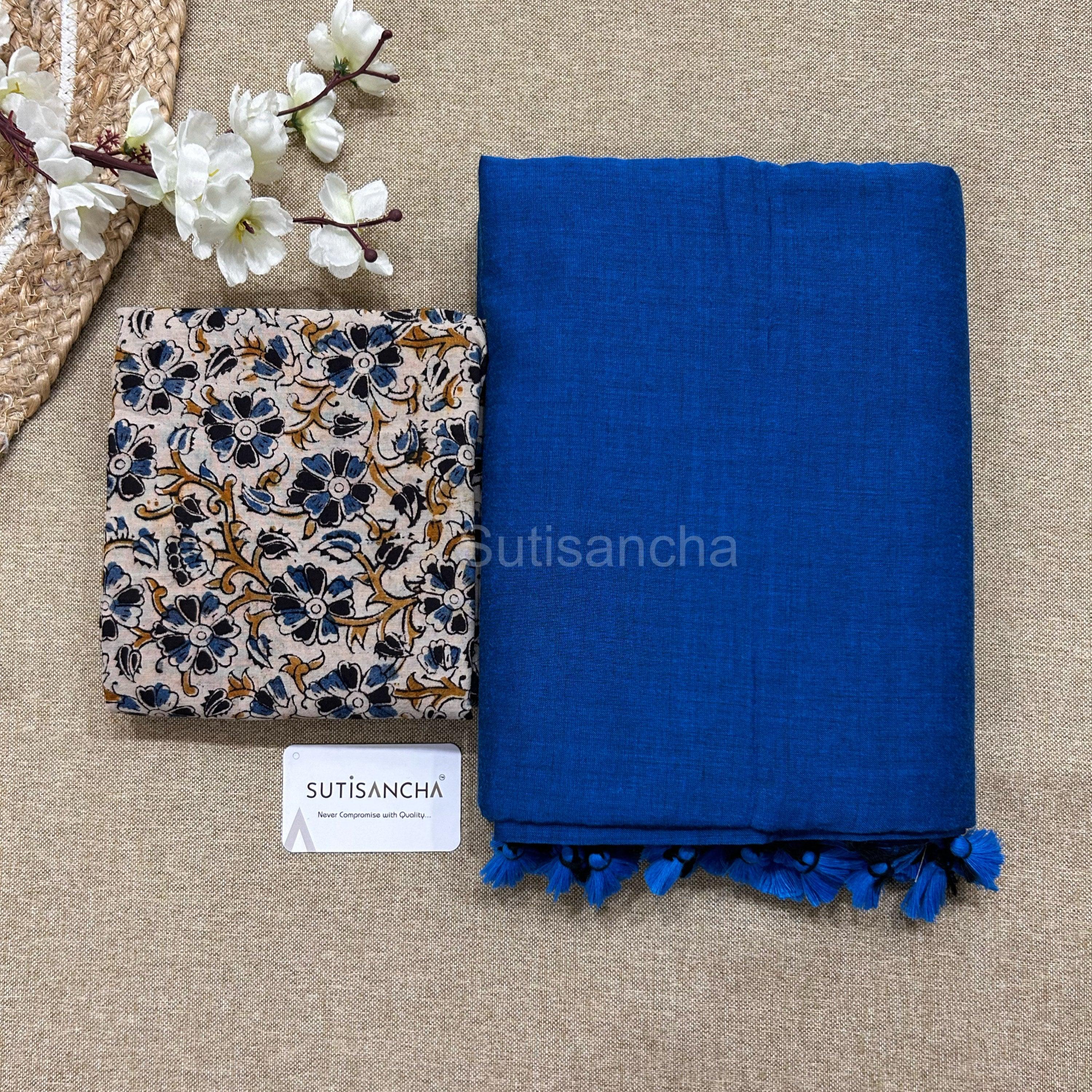 Sutisancha Indigo blue Khadi Saree & Cotton Design Blouse - Suti Sancha