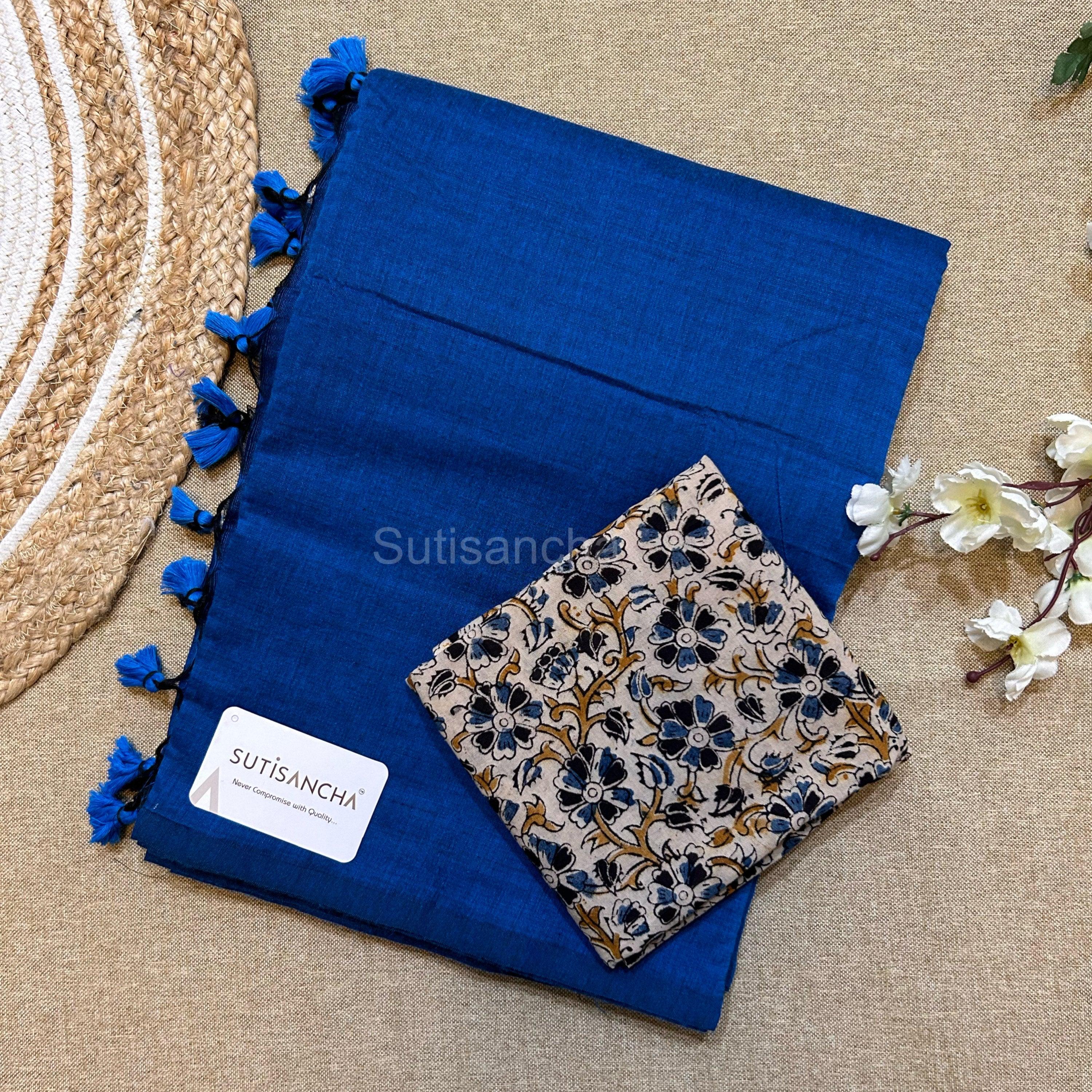 Sutisancha Indigo blue Khadi Saree & Cotton Design Blouse - Suti Sancha