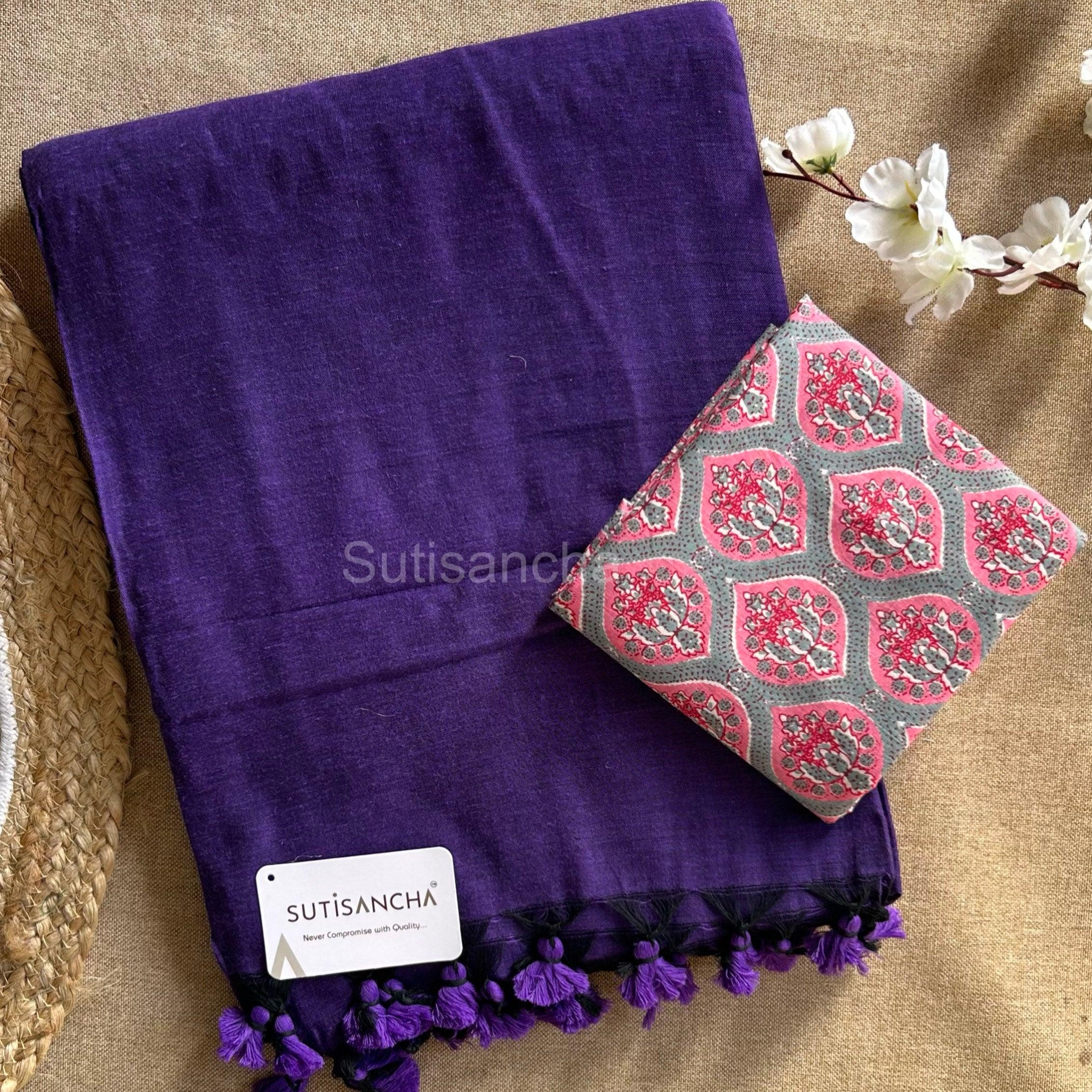 Sutisancha Purple Khadi Saree & Cotton Design Blouse - Suti Sancha