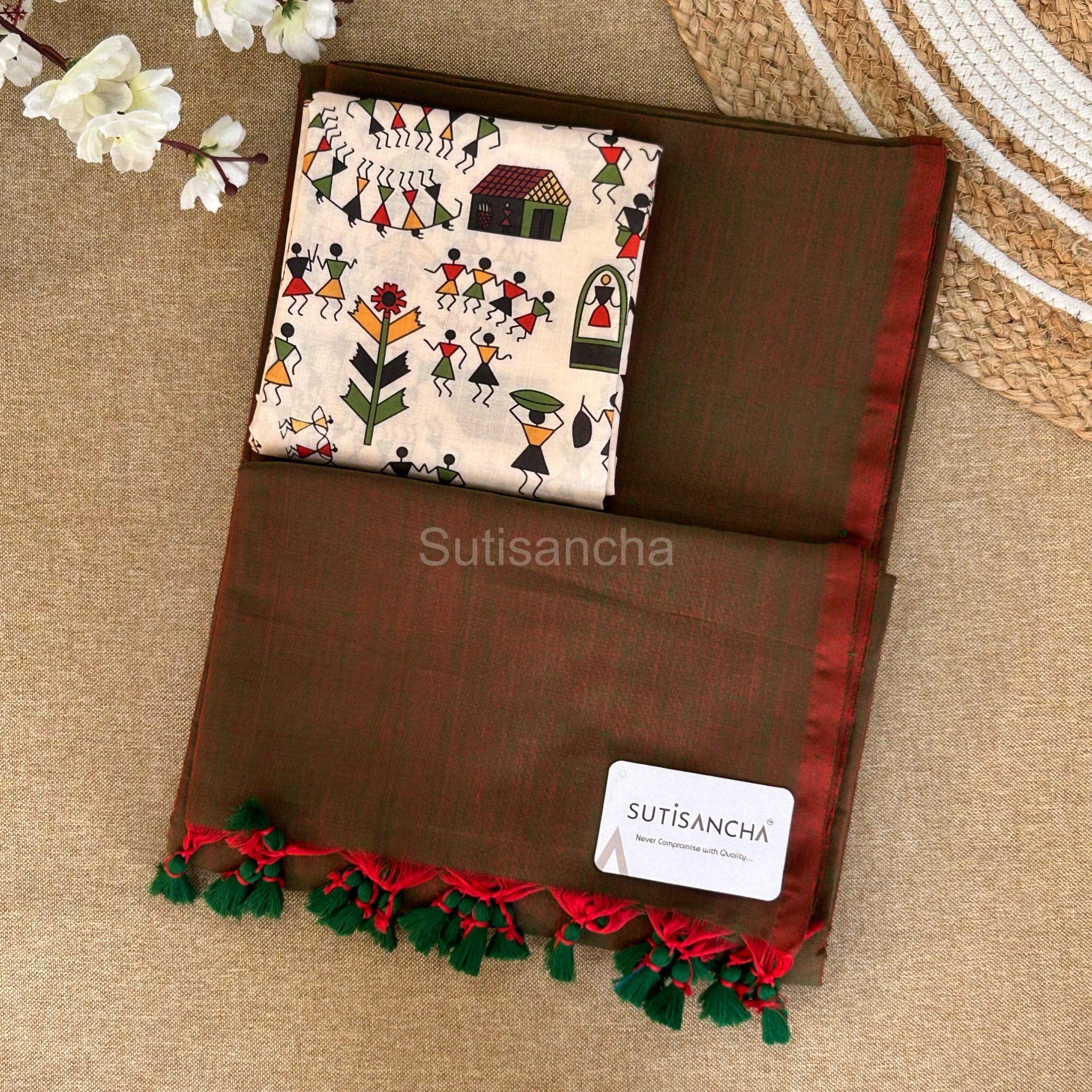 Sutisancha Dualtone Khadi Saree & Cotton Design Blouse - Suti Sancha