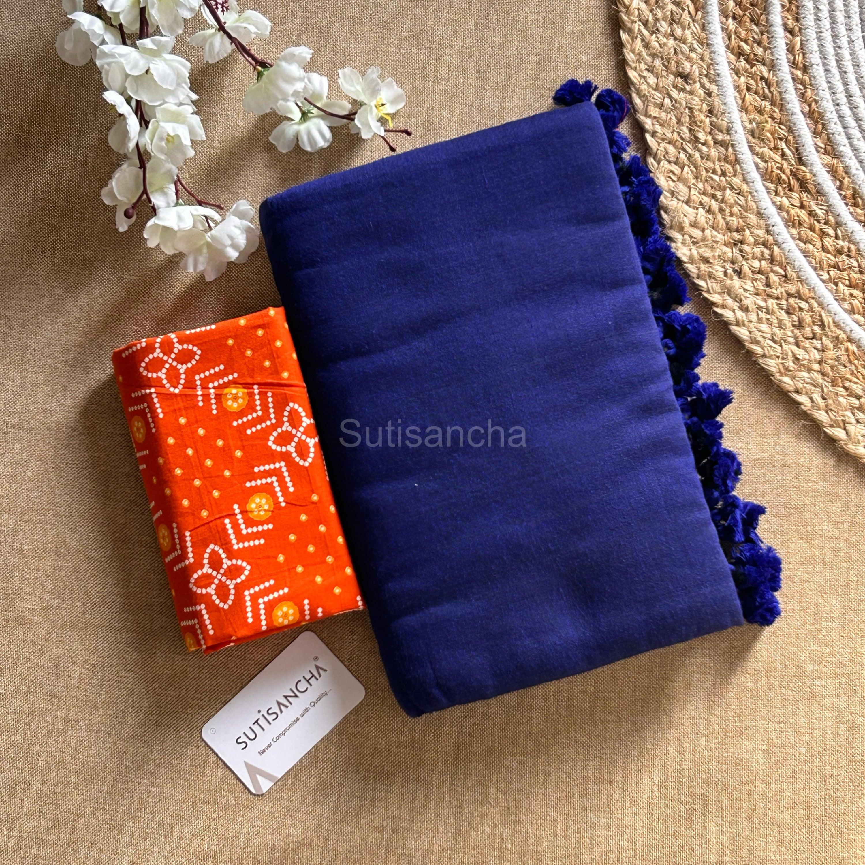 Sutisancha Royalblue Khadi Saree & Cotton Design Blouse - Suti Sancha