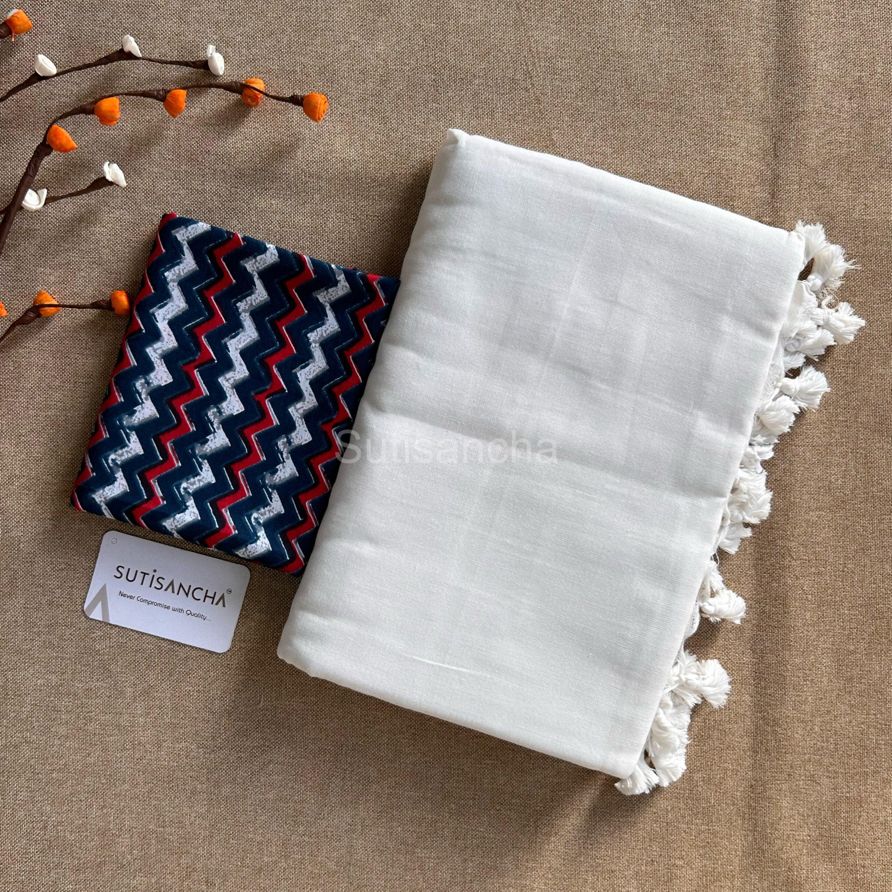 Sutisancha white Khadi Saree & Cotton Design Blouse - Suti Sancha