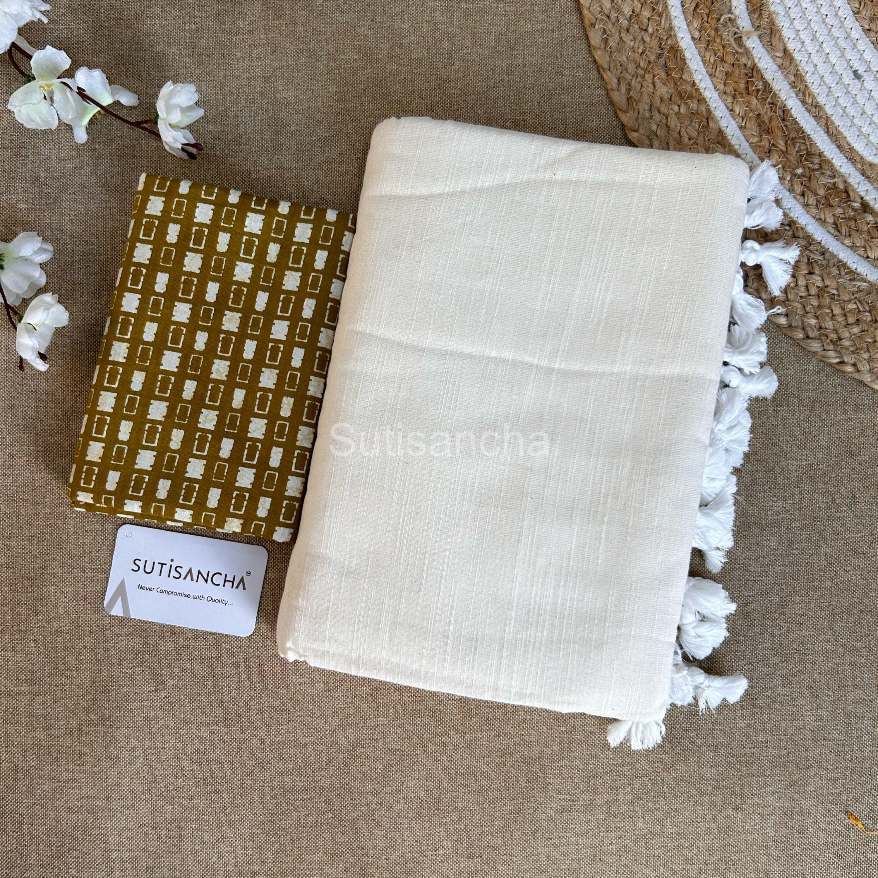 Sutisancha Offwhite Khadi Saree & Cotton Design Blouse - Suti Sancha