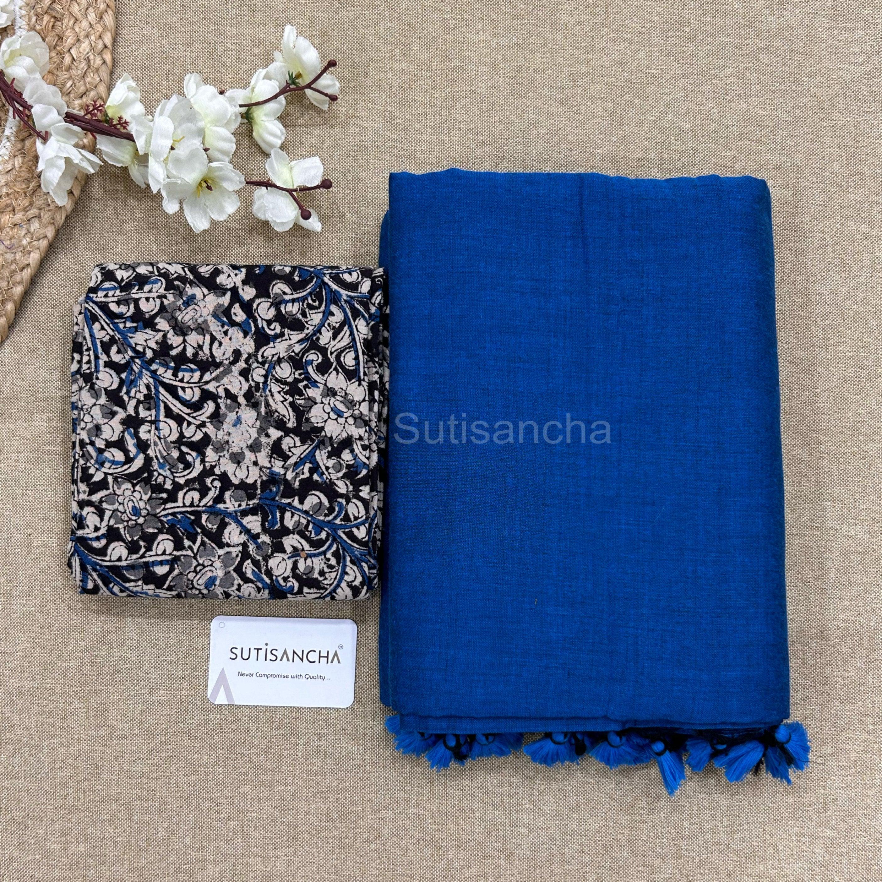 Sutisancha Indigoblue Khadi Saree & Cotton Design Blouse - Suti Sancha