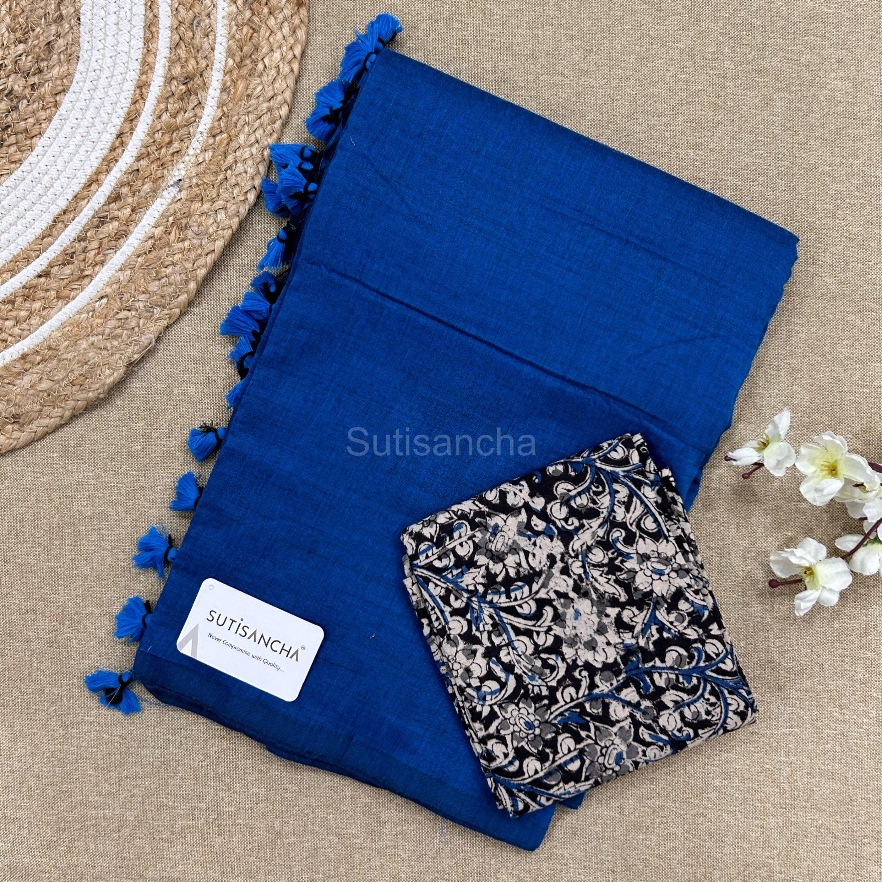 Sutisancha Indigoblue Khadi Saree & Cotton Design Blouse - Suti Sancha
