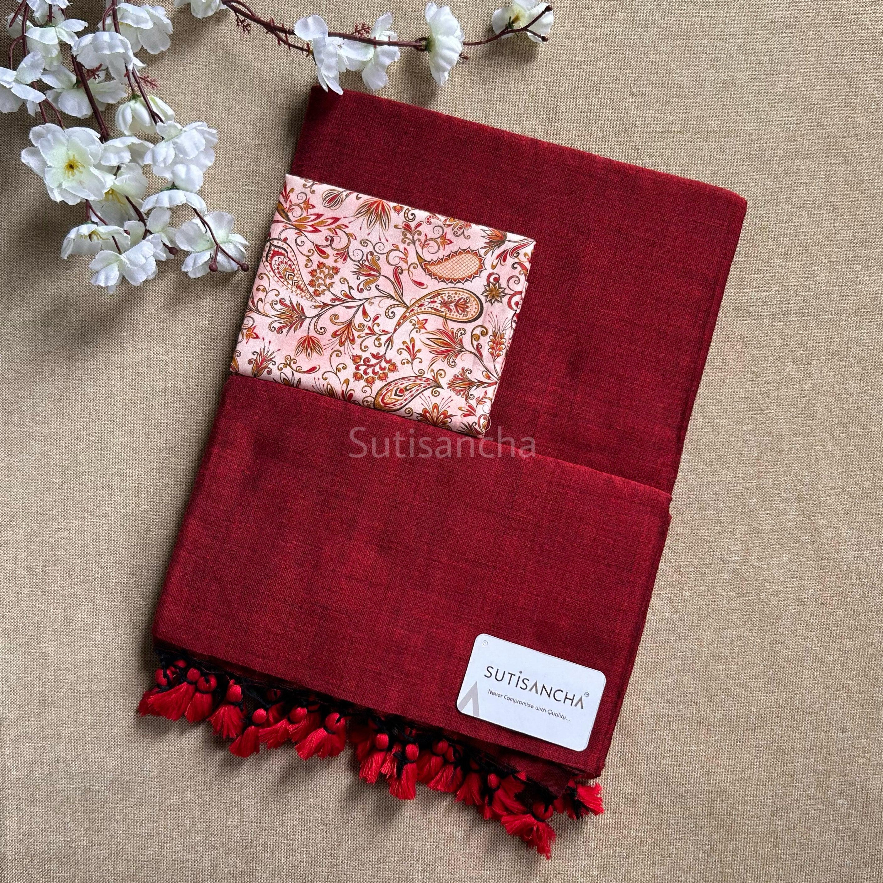 Sutisancha CherryRed Handloom Cotton Saree - Suti Sancha