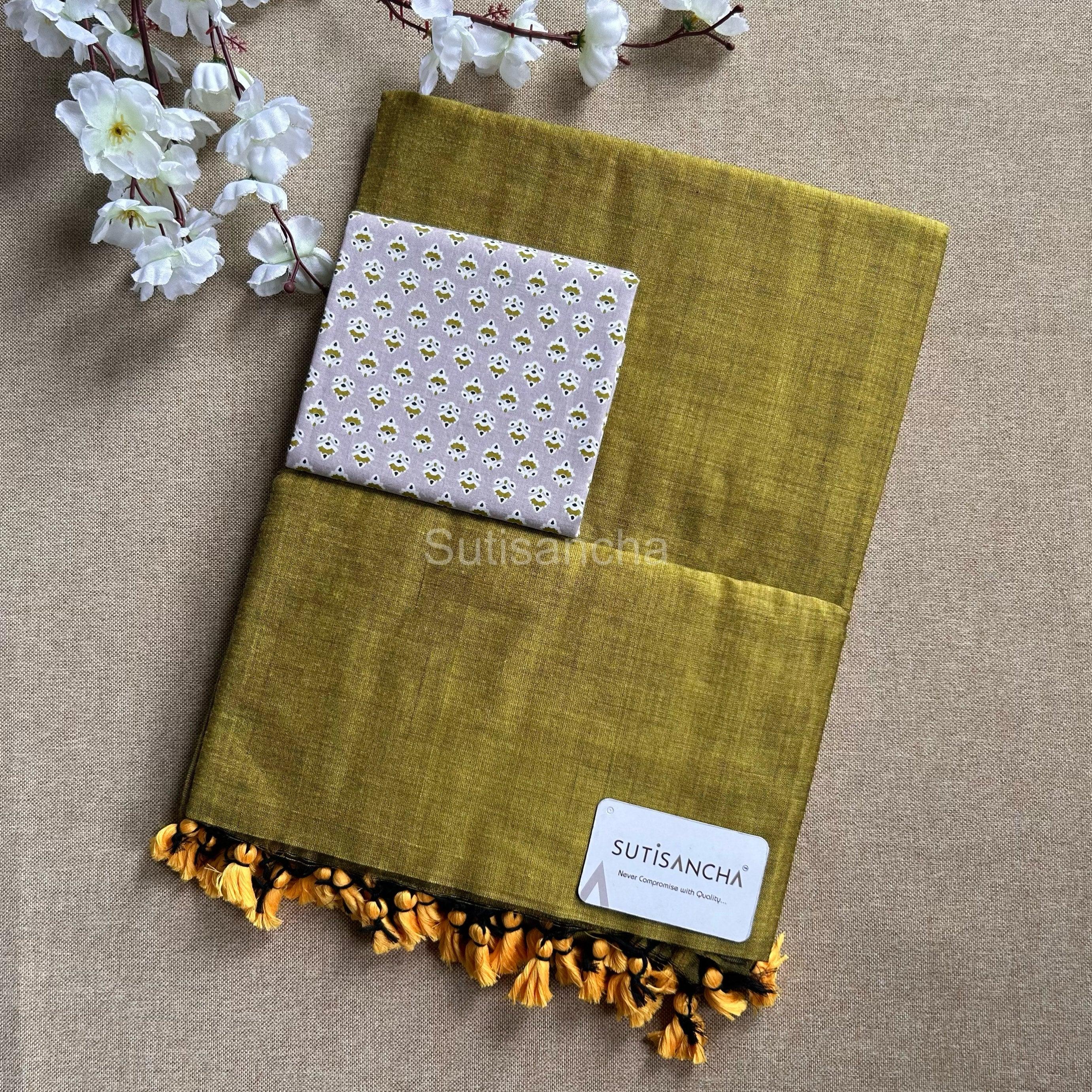 Sutisancha Olive Colour Handloom Cotton saree - Suti Sancha