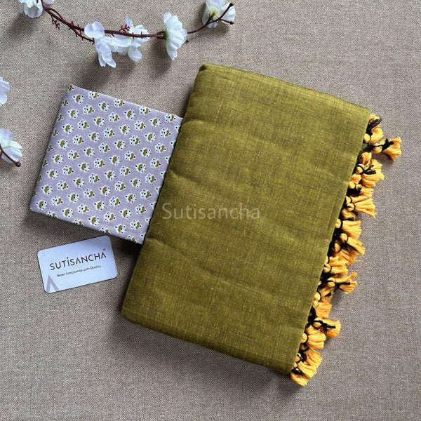Sutisancha Olive Colour Handloom Cotton saree