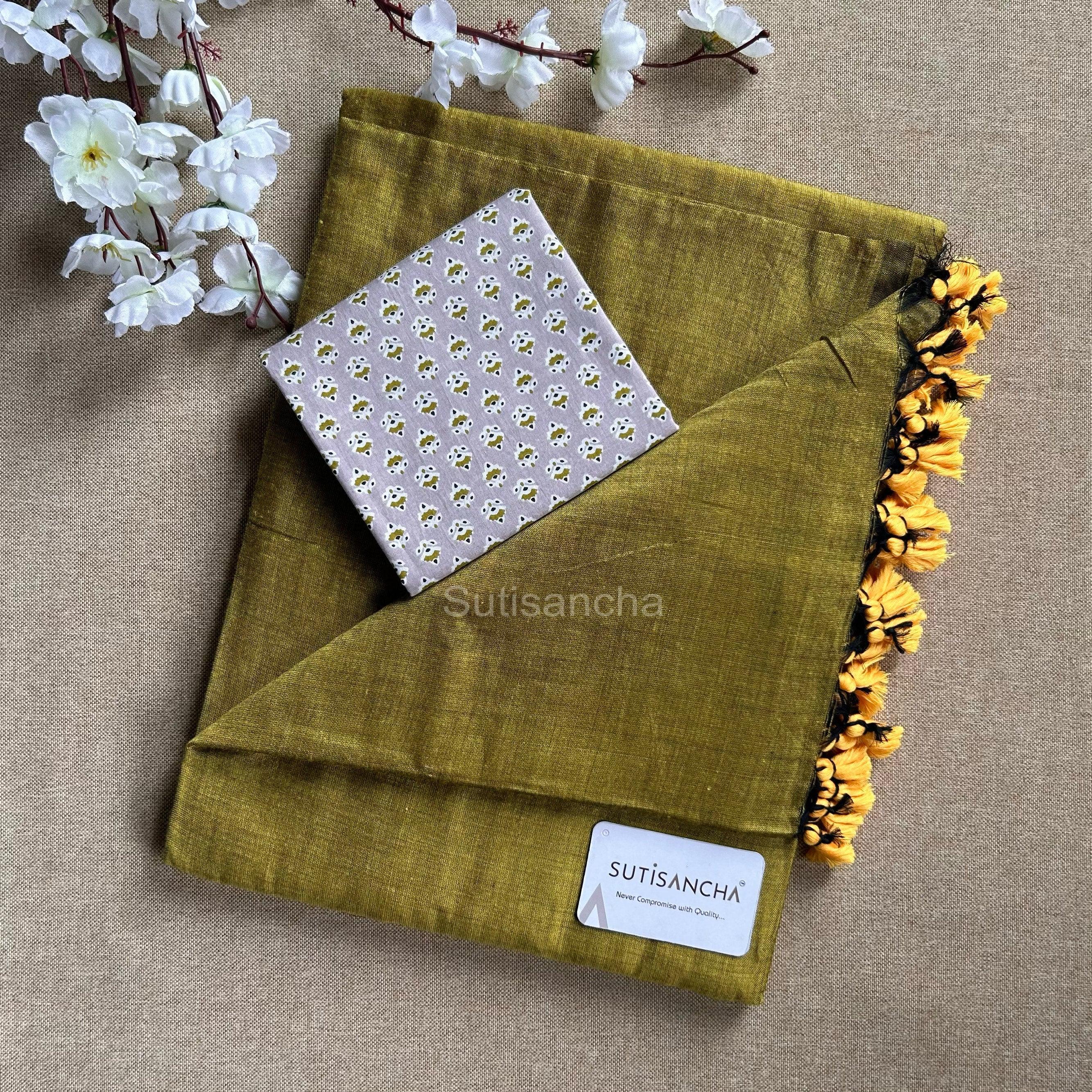 Sutisancha Olive Colour Handloom Cotton saree - Suti Sancha