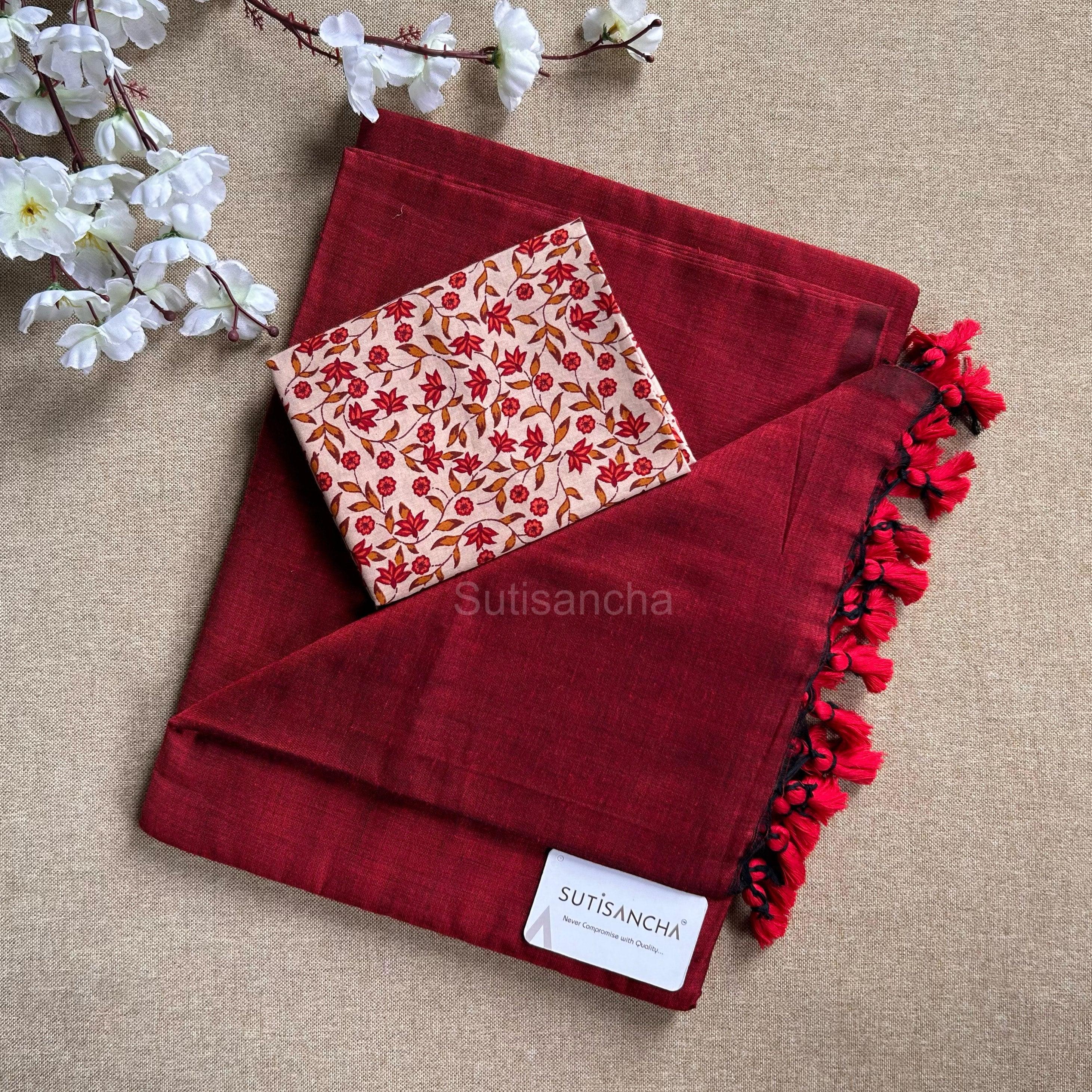 Sutisancha Red & Leaf Print Blouse Handloom Saree - Suti Sancha