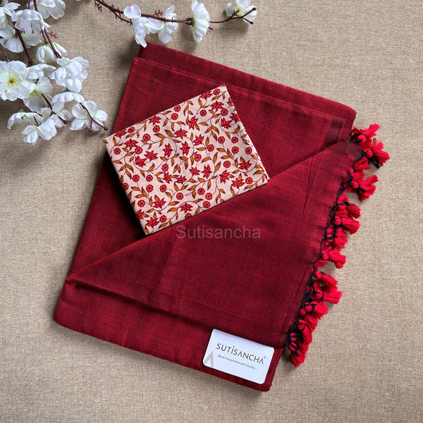 Sutisancha Red & Leaf Print Blouse Handloom Saree