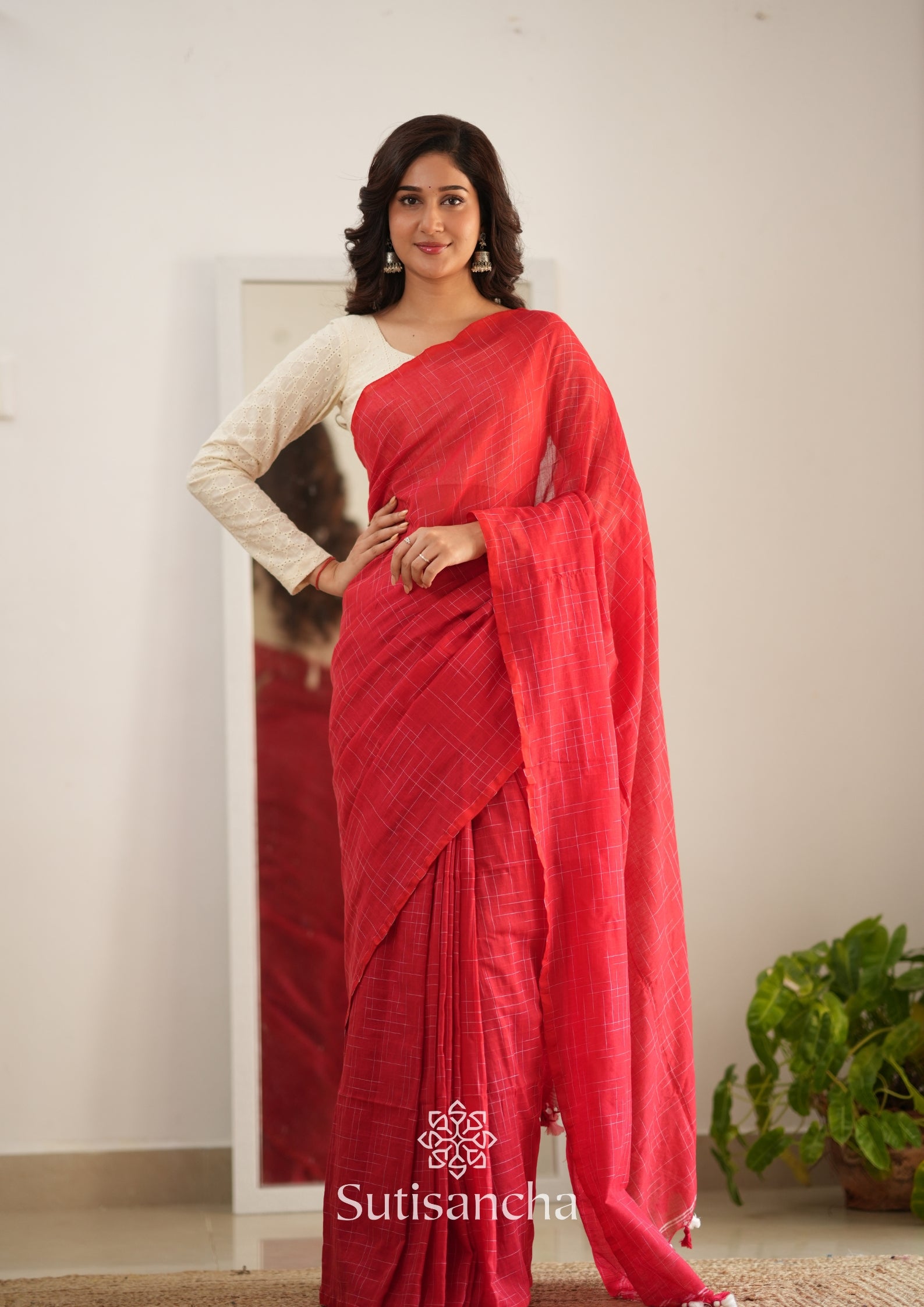 Sutisancha Red Handloom Cotton Saree with Trendy Kotki Checks Design