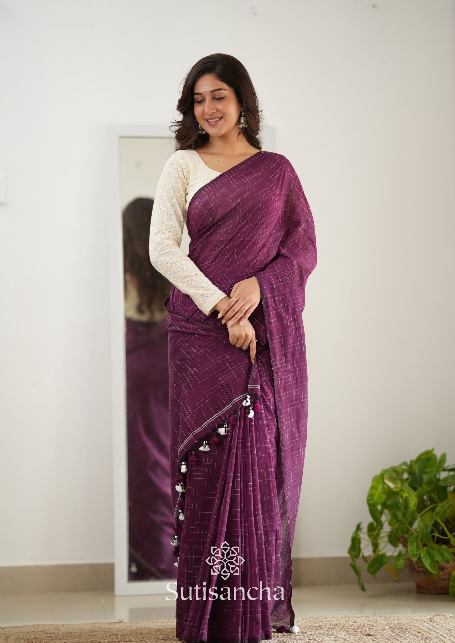 Sutisancha Magenta Handloom Cotton Saree with Trendy Kotki Checks Design