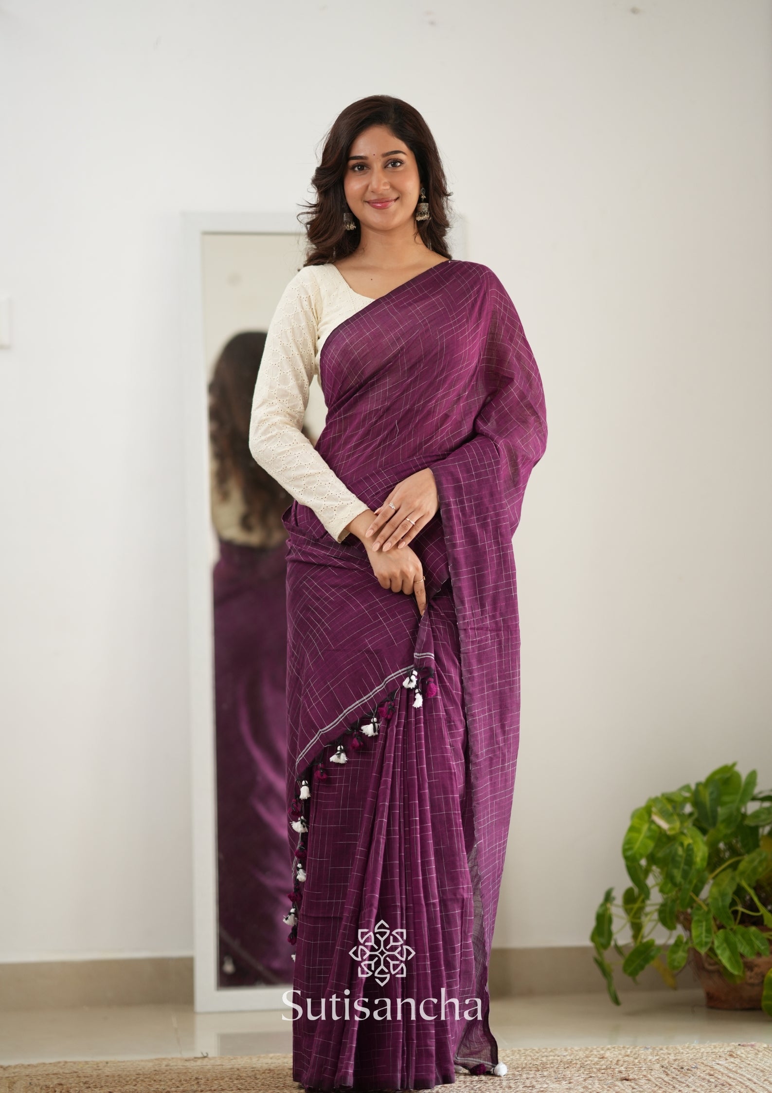 Sutisancha Magenta Handloom Cotton Saree with Trendy Kotki Checks Design