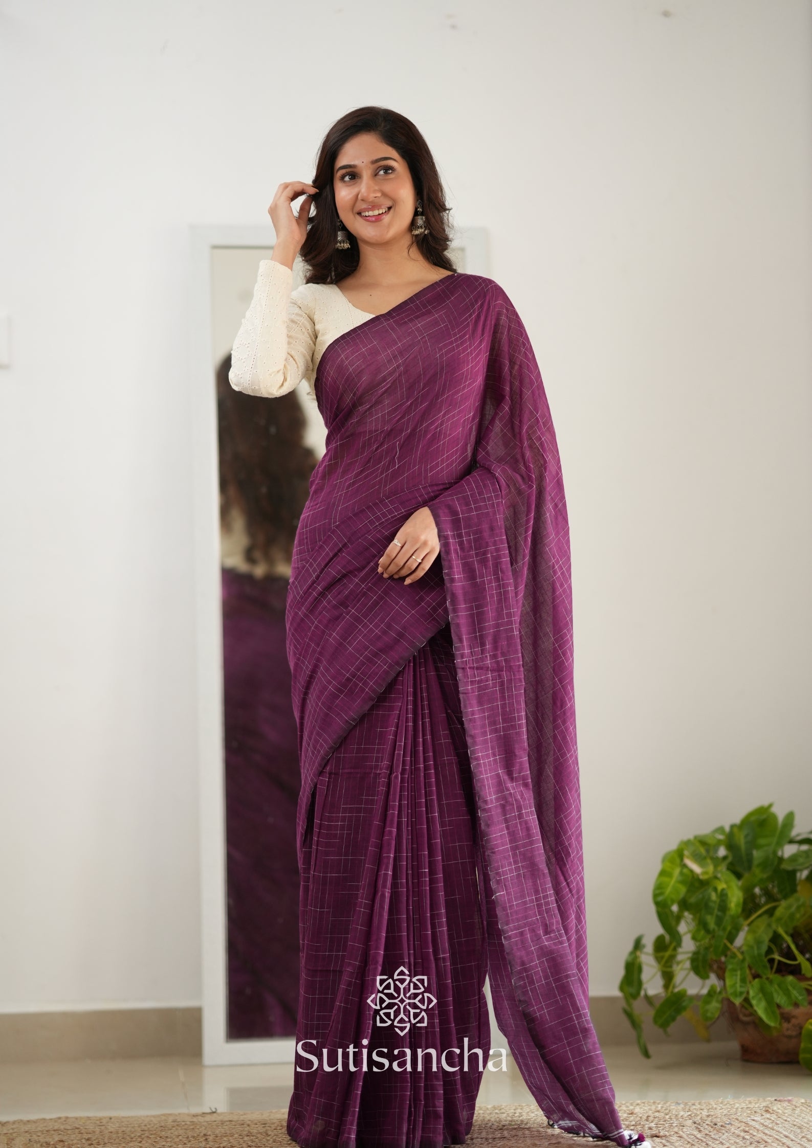 Sutisancha Magenta Handloom Cotton Saree with Trendy Kotki Checks Design