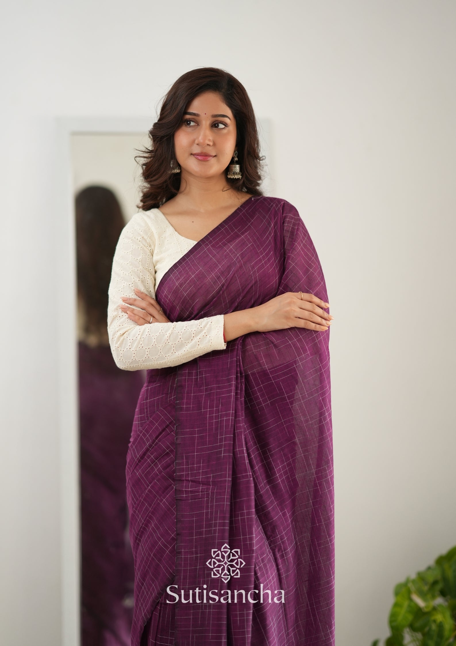 Sutisancha Magenta Handloom Cotton Saree with Trendy Kotki Checks Design