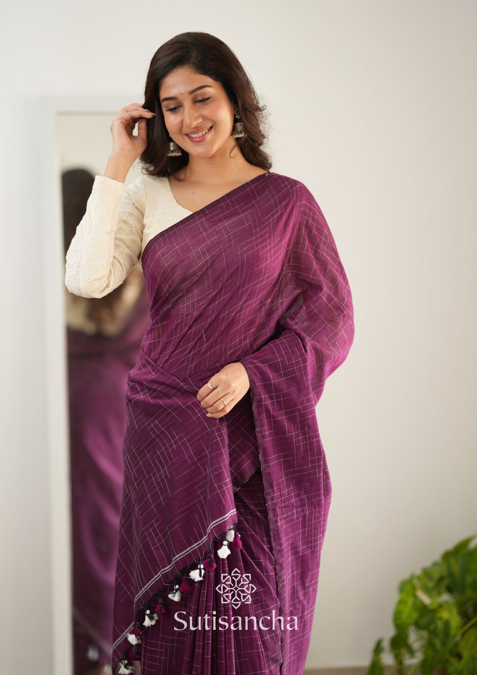 Sutisancha Magenta Handloom Cotton Saree with Trendy Kotki Checks Design