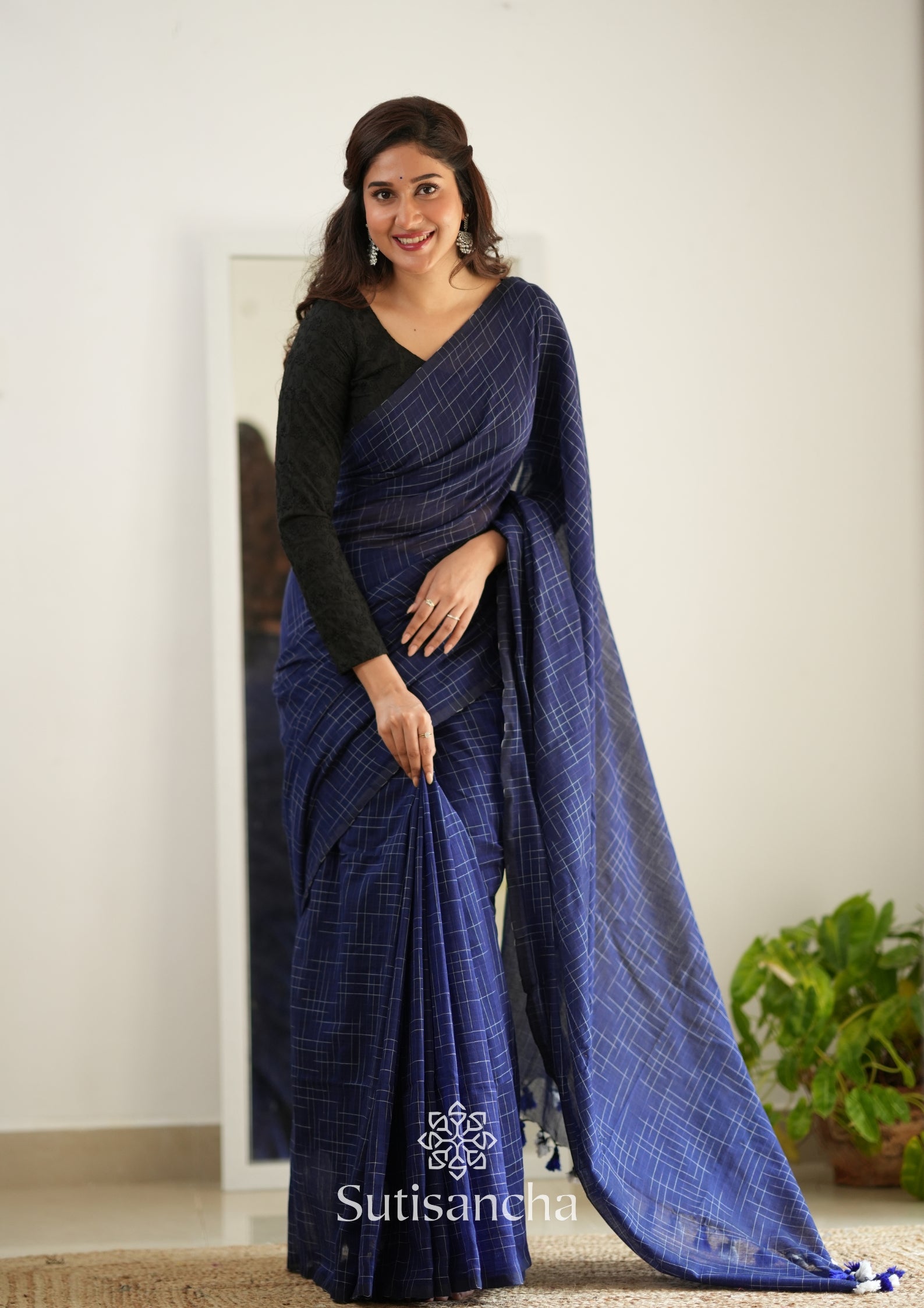 Sutisancha Blue Cotton Saree with Trendy Kotki Checks Design