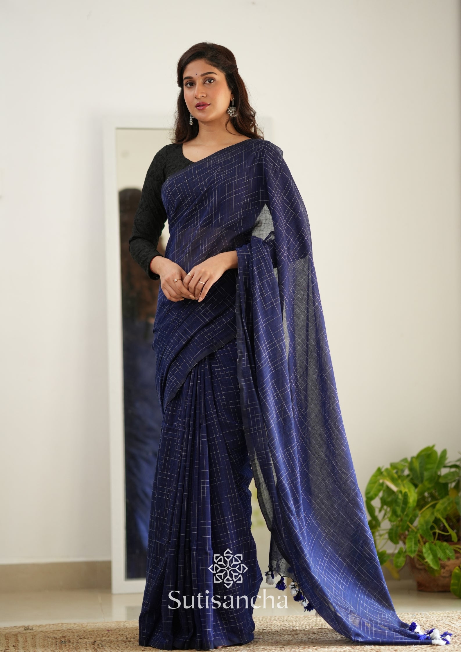 Sutisancha Blue Cotton Saree with Trendy Kotki Checks Design