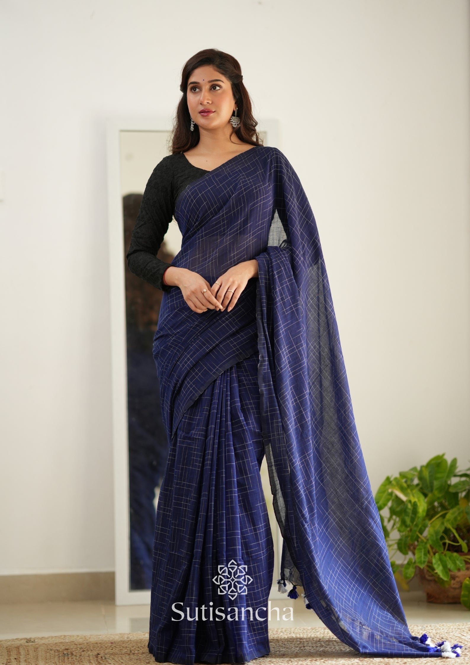 Sutisancha Blue Cotton Saree with Trendy Kotki Checks Design