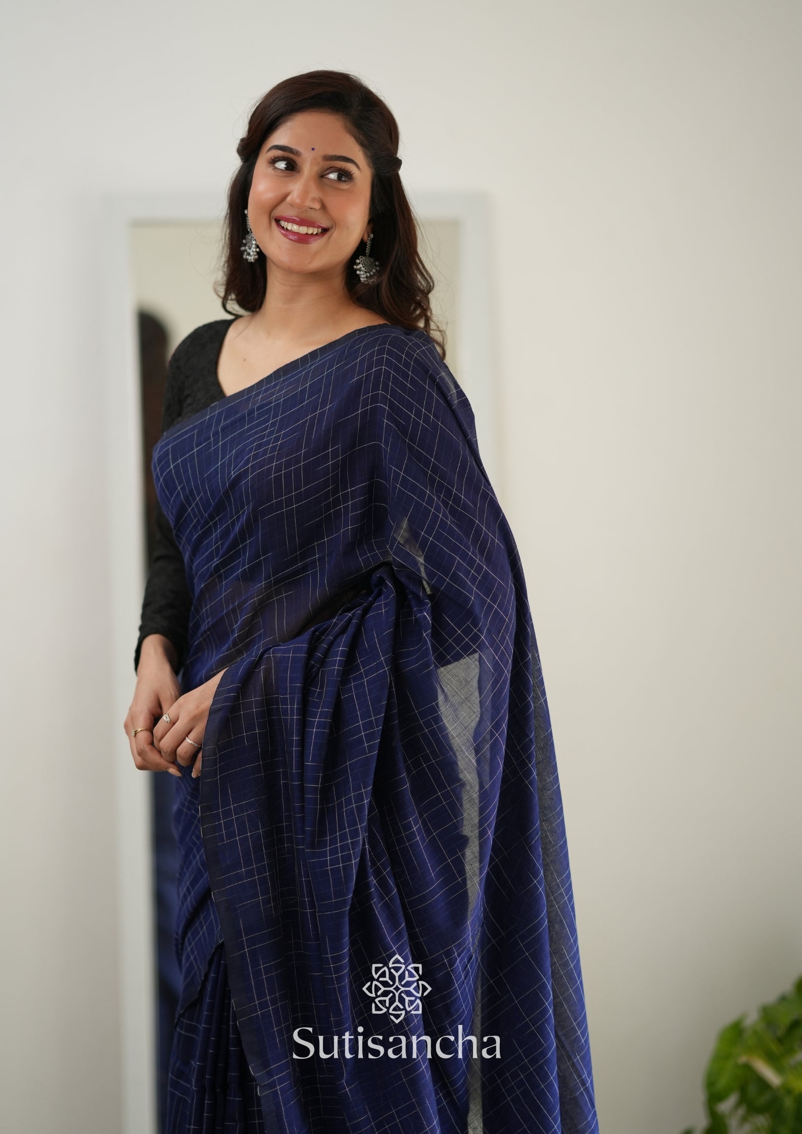 Sutisancha Blue Cotton Saree with Trendy Kotki Checks Design