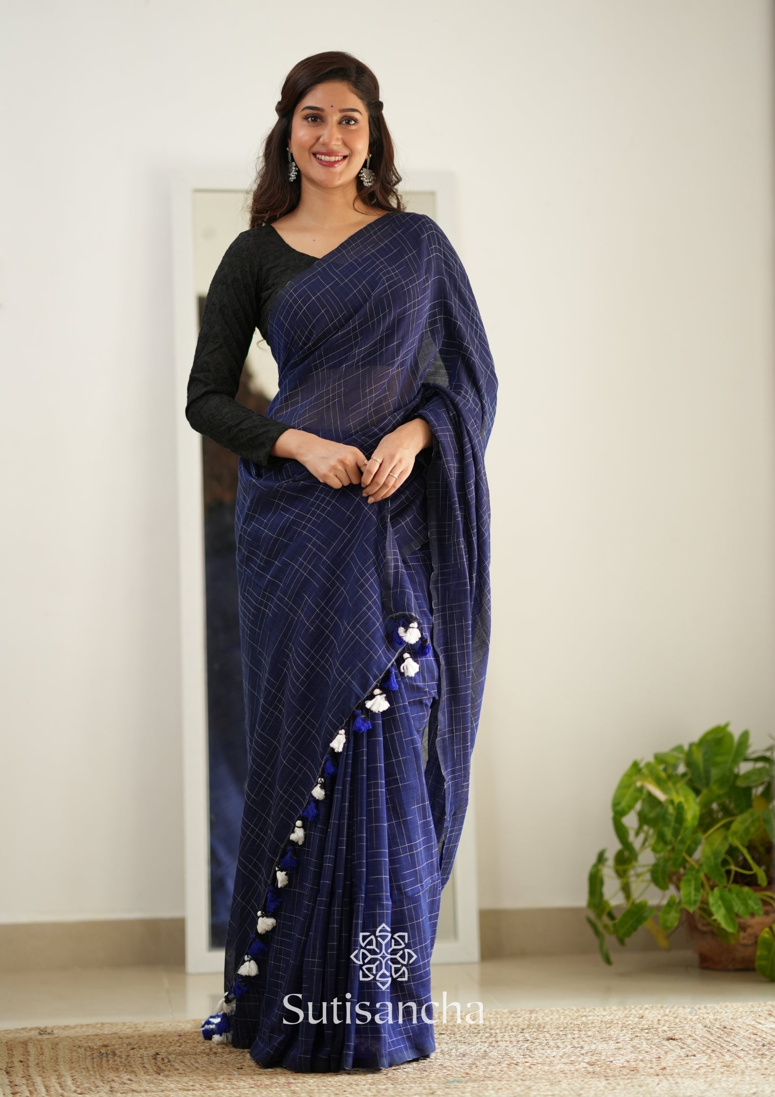 Sutisancha Blue Cotton Saree with Trendy Kotki Checks Design