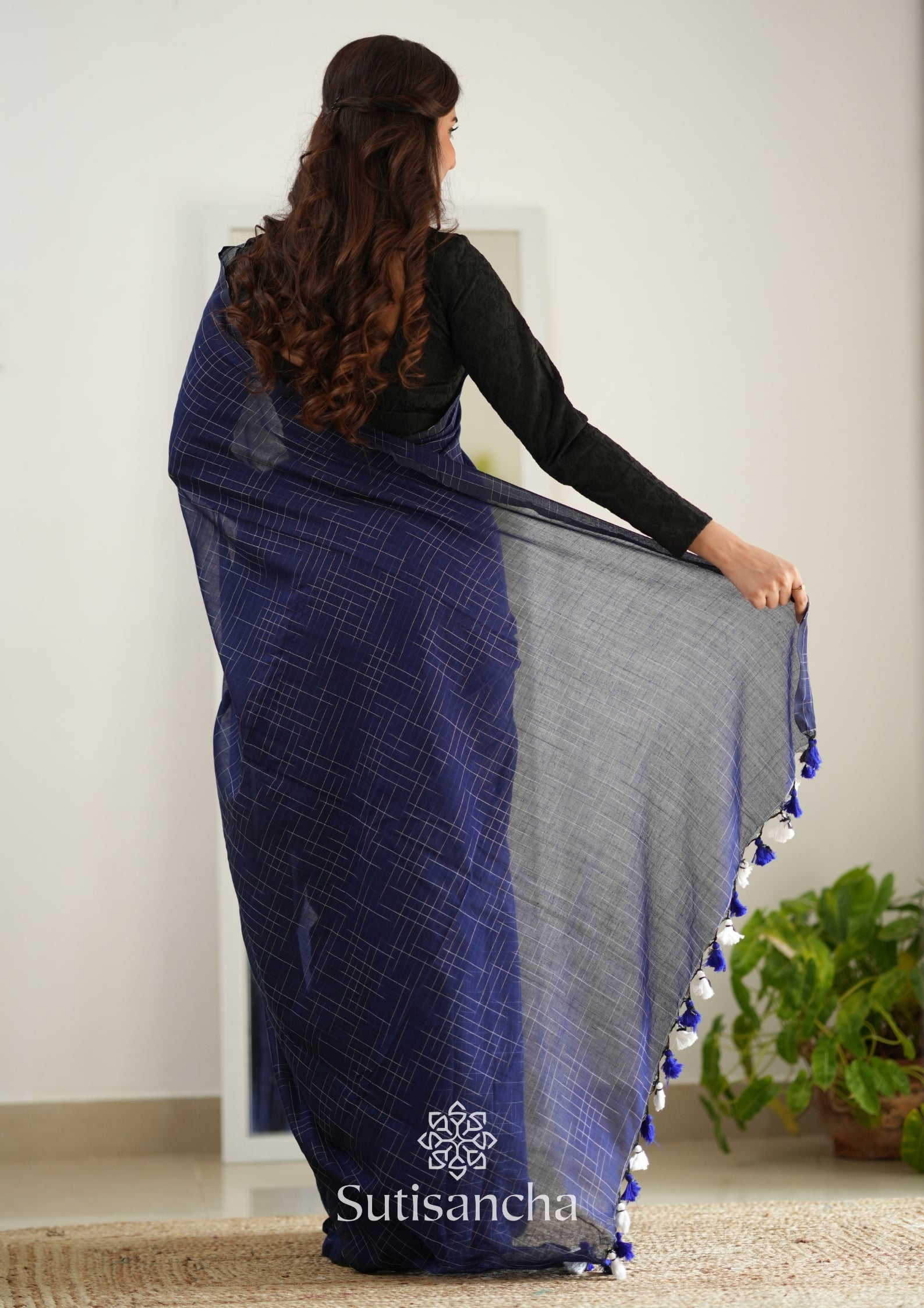 Sutisancha Blue Cotton Saree with Trendy Kotki Checks Design