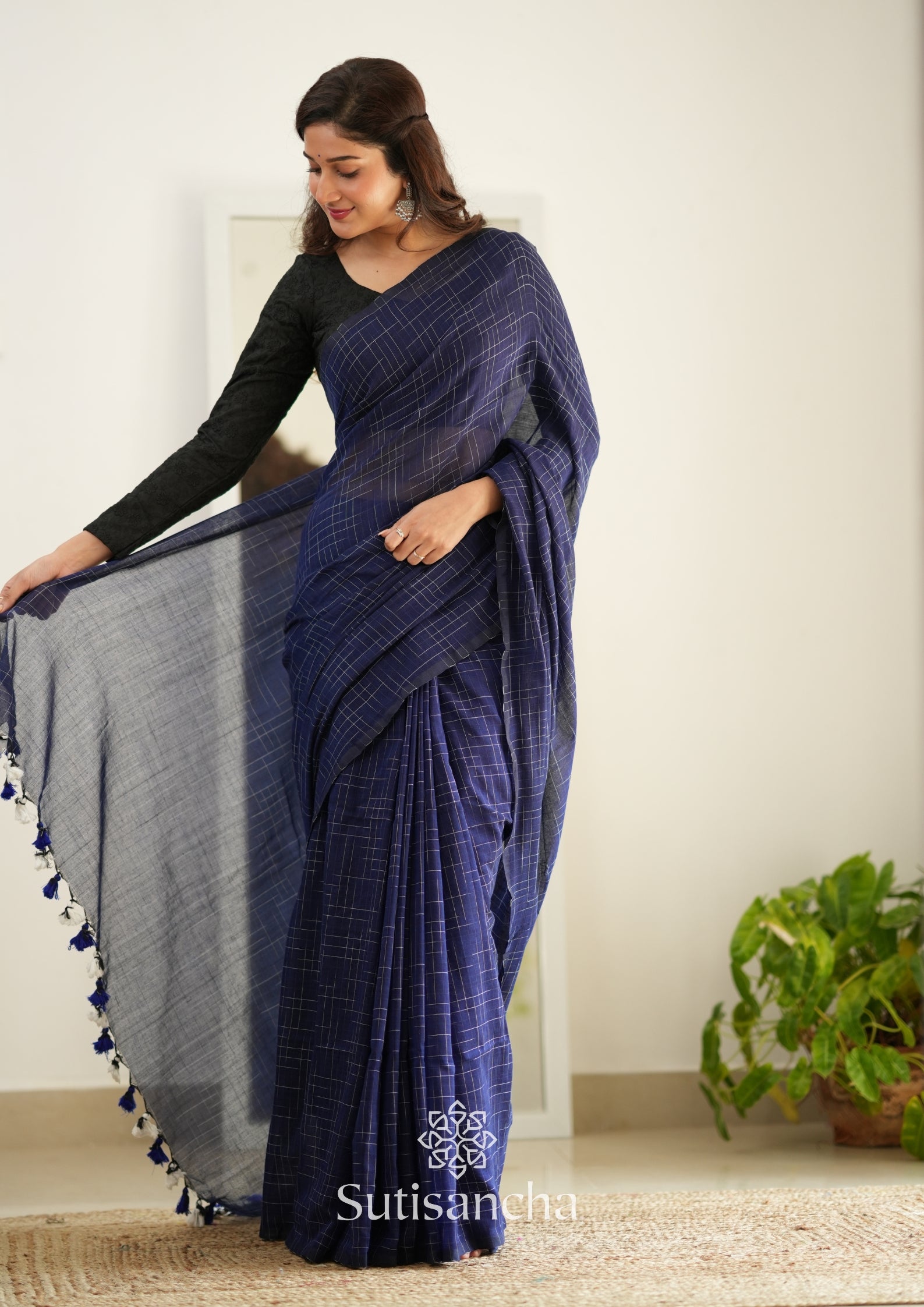 Sutisancha Blue Cotton Saree with Trendy Kotki Checks Design