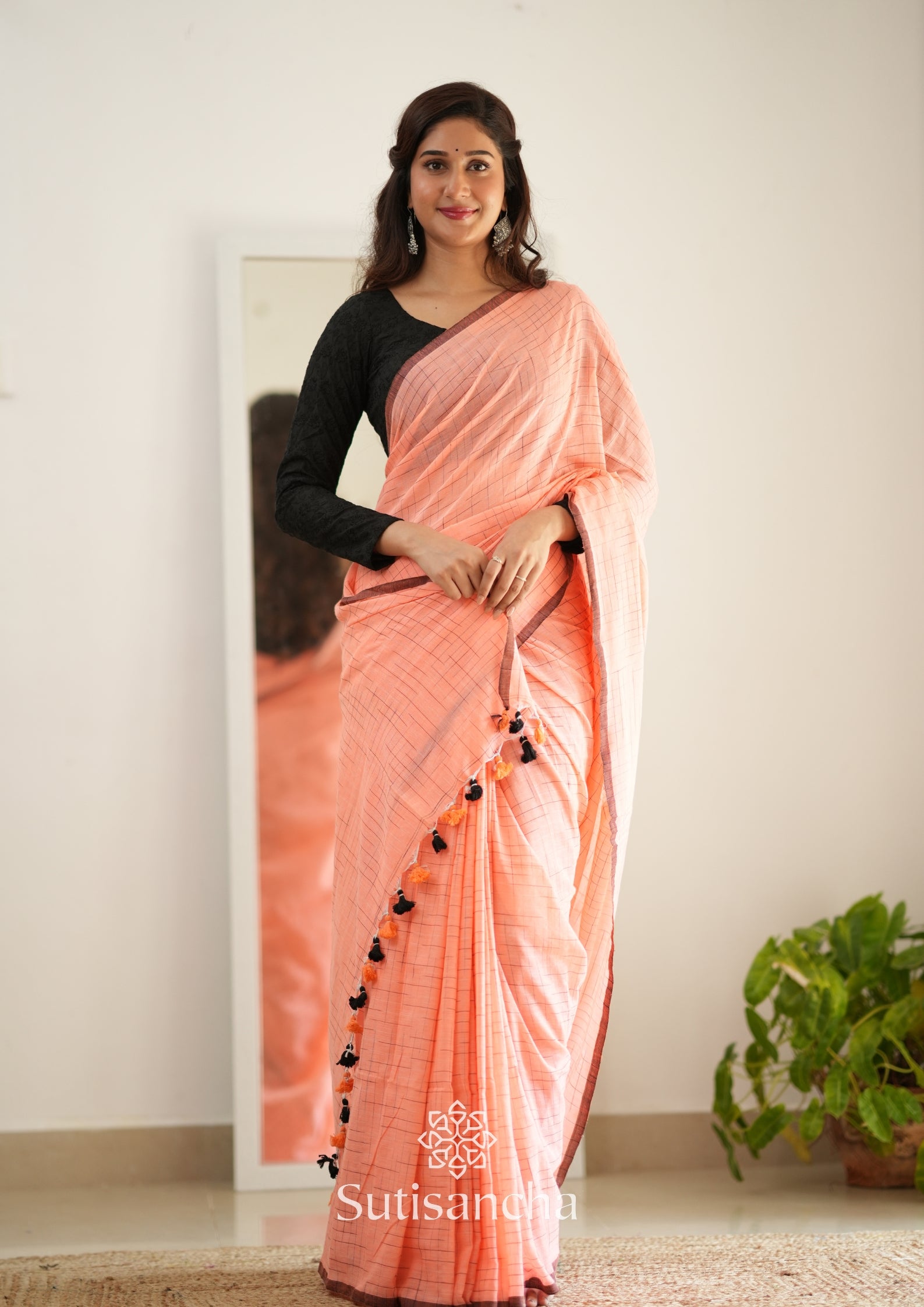 Sutisancha Peach Handloom Cotton Saree with Trendy Kotki Checks Design